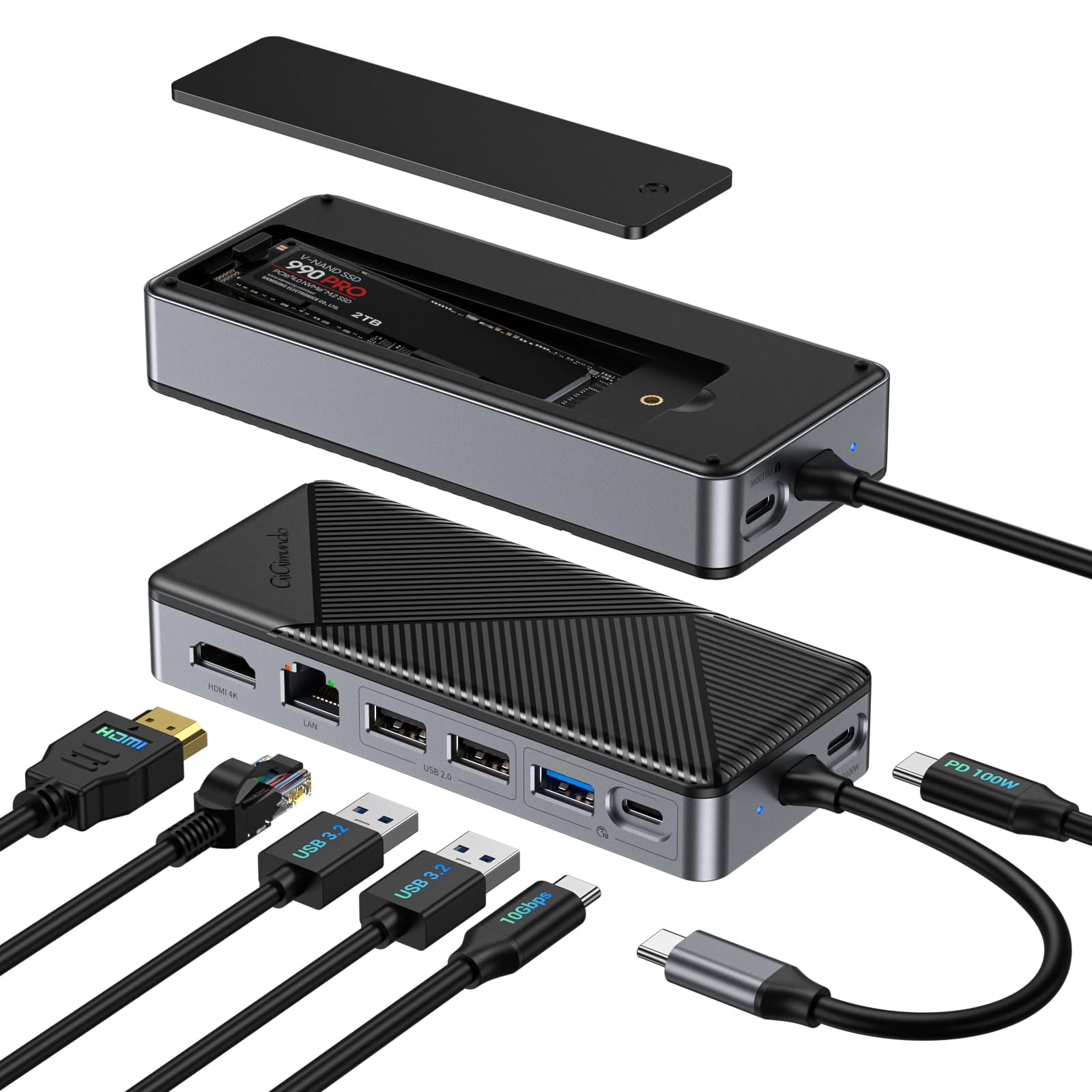 GiGimundo 8-in-1 SSD 外付けケース 10Gbps USB 3.2 Gen2 M.2 NVMe SSDエンクロージャー付きUSB Cハブ 内蔵SSD ドッキングステーション ギガビットイーサネット PD 100W急速充電 Windows