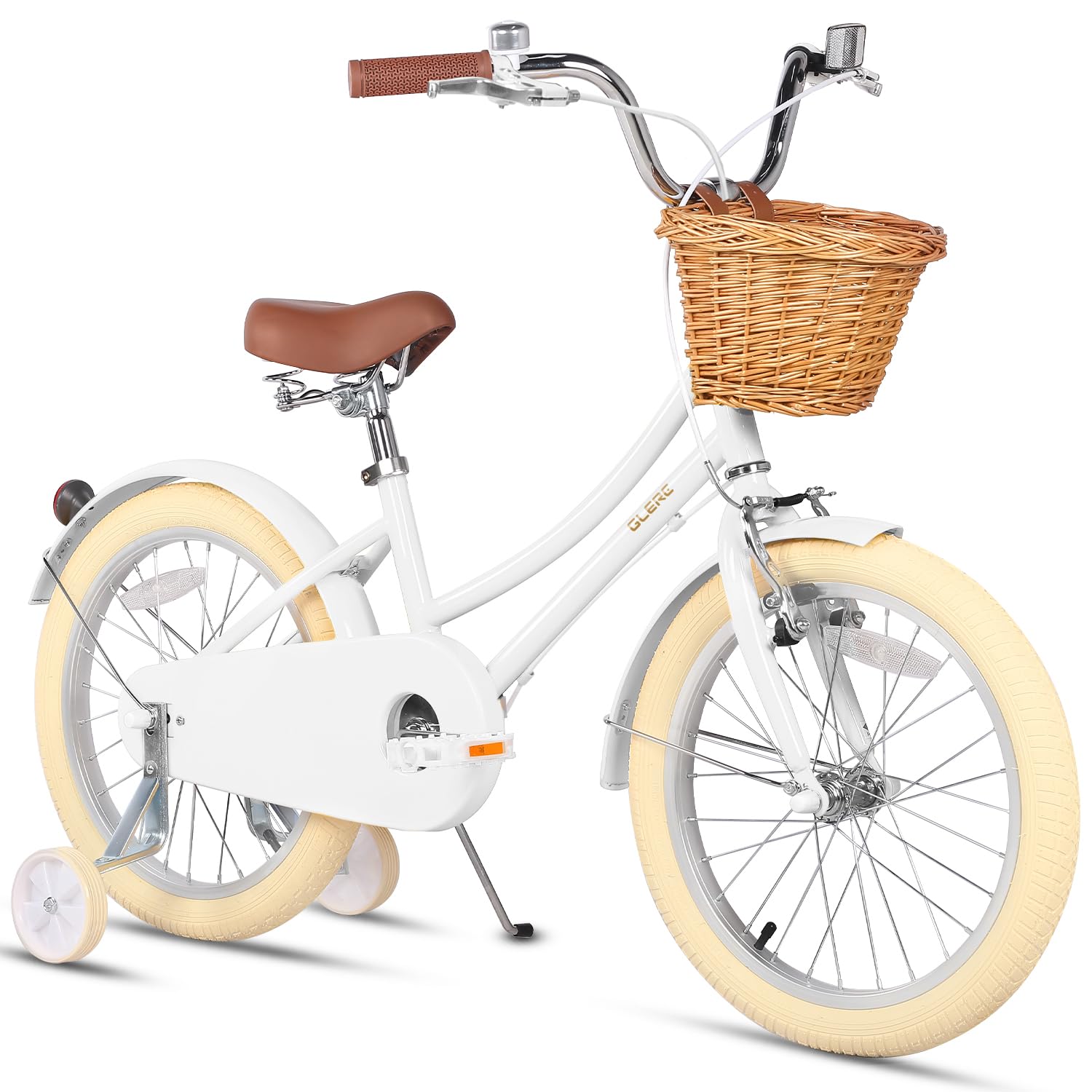 【Glerc】Little Molly 女の子子供用自転車 可愛いキッズバイク 乗り練習 低学年 幼児 貼り紙DIY 三輪自転車 柔らかいサドル 藤カゴ付き 取り外し補助輪付き 4～9歳 レトロシンプルマカロンカラー 18インチ ホワイト白色