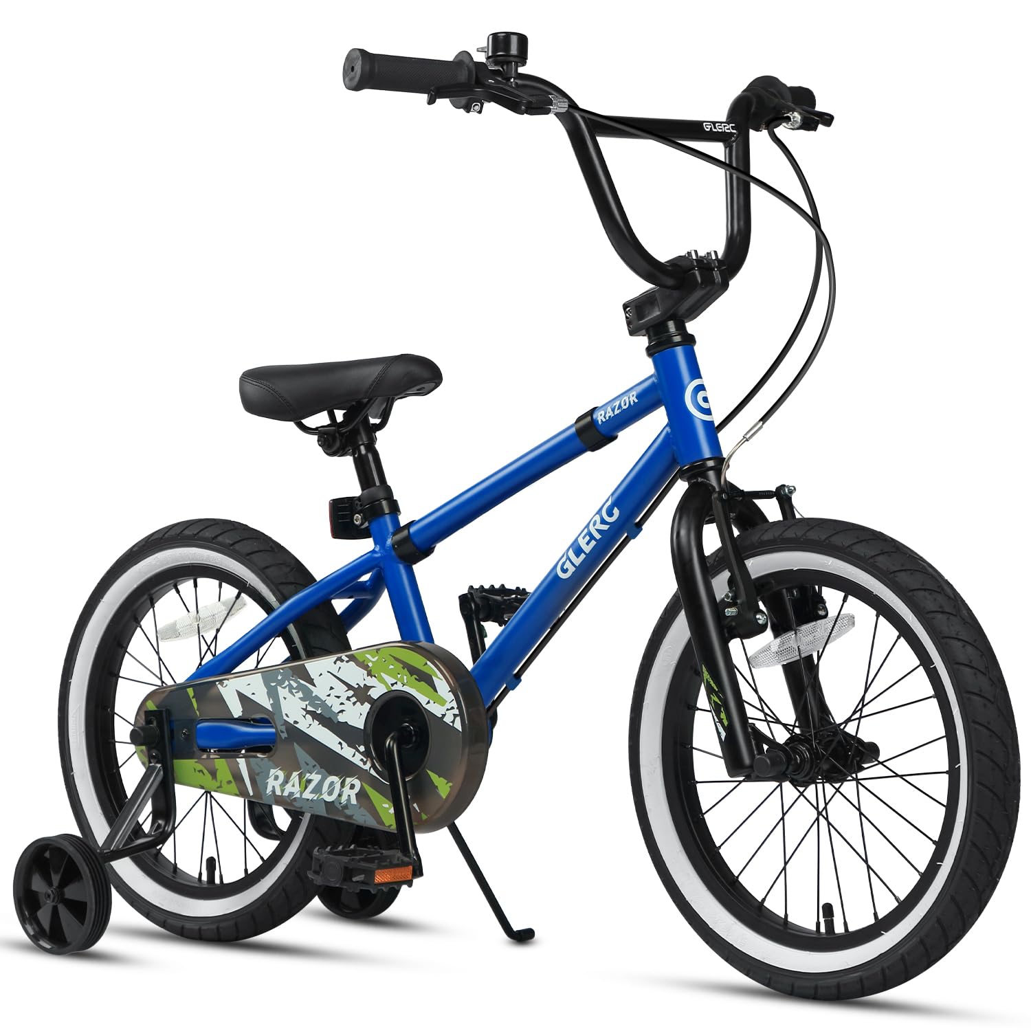 【Glerc】RAZOR子供用自転車14インチ かっこいいBMXハンドル カラーリング付きタイヤ 幼児小学生低学年男の子3歳4歳5歳 取り外しできる補助輪付き チェーンガード サイドスタンド 柔らかい高さ調整可能サドル ブルー＆ホワイト 青＆白