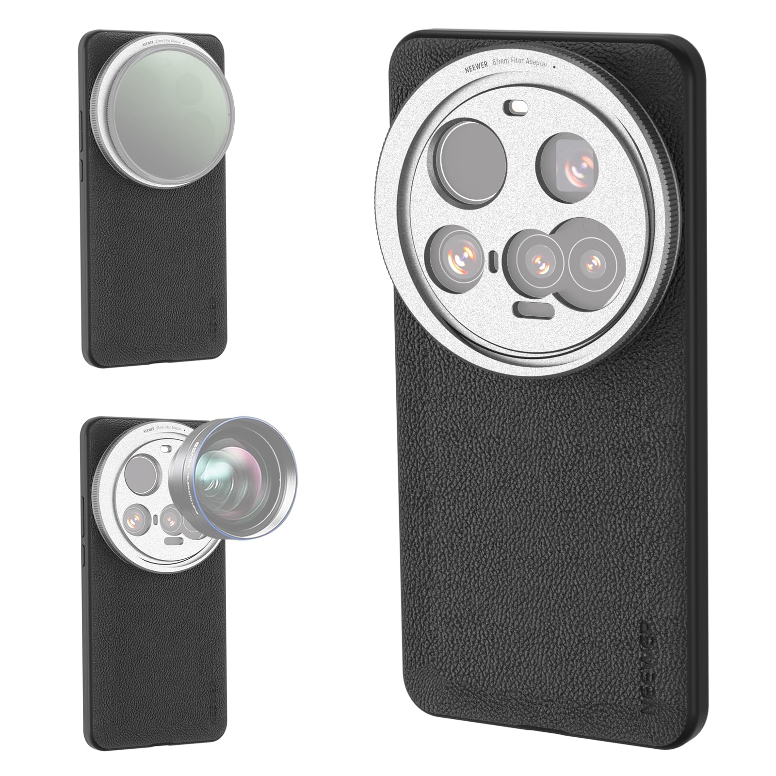 NEEWER スマホケース コンパチブル Xiaomi 15 Ultra 保護ケース 高耐久 TPU+PC 合成皮革 17mmレンズマウント&67mmフィルターアダプター付き ビデオリグ 無線充電 PA101 ブラック+シルバー