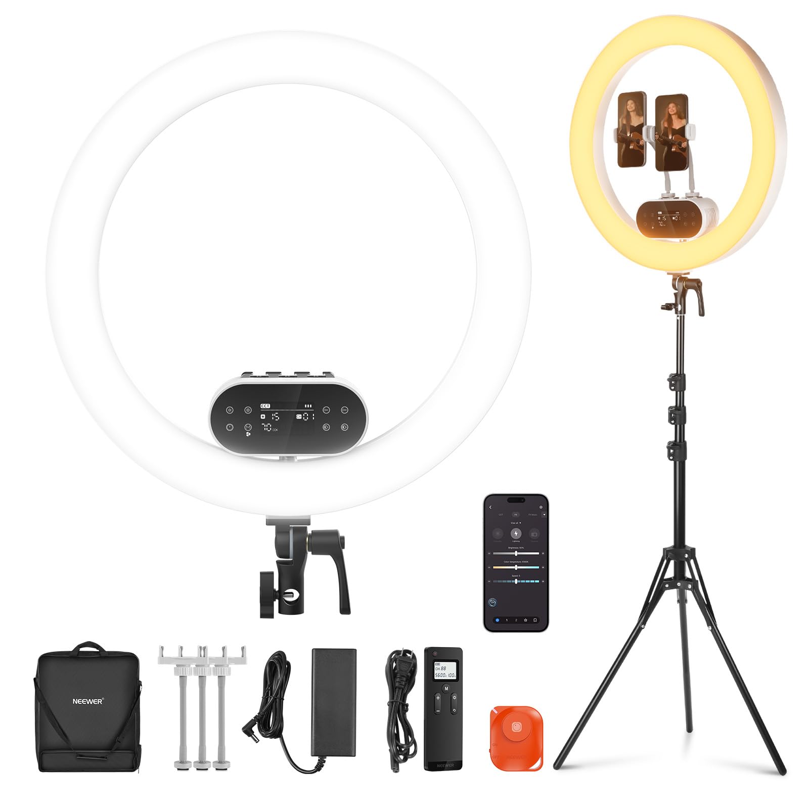 NEEWER 19インチ LEDリングライト 100W 高出力 撮影ライト APP&2.4G制御 iPhone対応 三脚スタンドと3つのスマホホルダー付属 2900-7000K 色温度 0-100%無段階調光 CRI97+ 高演色 女優ライト 自撮り/メイ