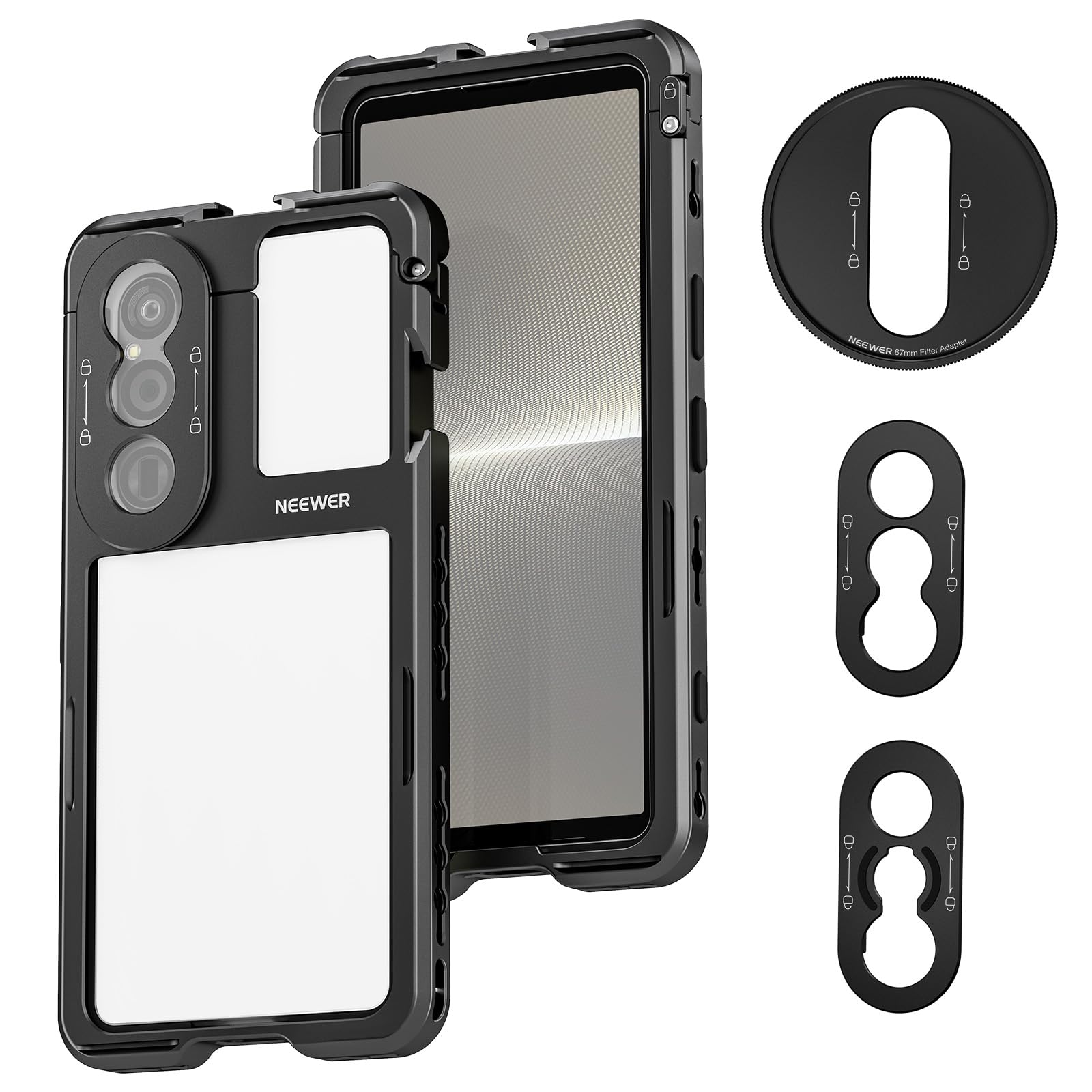 NEEWER スマホケージ コンパチブル Xperia 1 V/Moment ビデオリグ クイックリリース スマホスタビライザーホルダー 67mmフィルターアダプター/17mmレンズバックプレート/Tマウントレンズバックプレート付き 録画撮影用 PA087