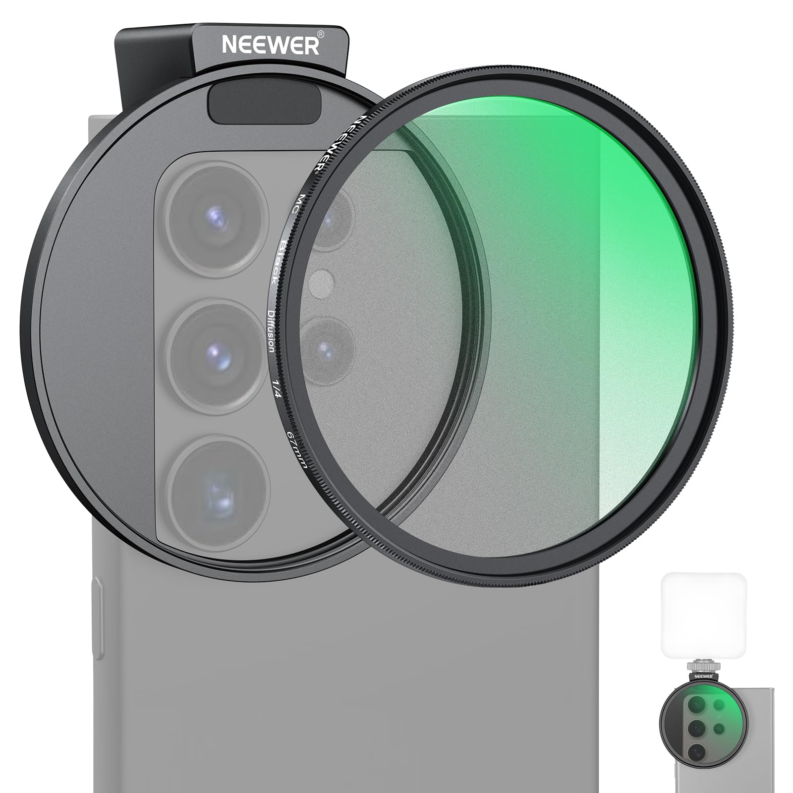 NEEWER 67mm 1/4ブラック拡散フィルター スマホ用 コールドシュースマホクリップ/キャリングポーチ/レンズクリーニングクロス付き ハイライト低減/グレア低減 レンズフィルター カメラレンズフィルター 映画効果フィルター コンパチブル Galax