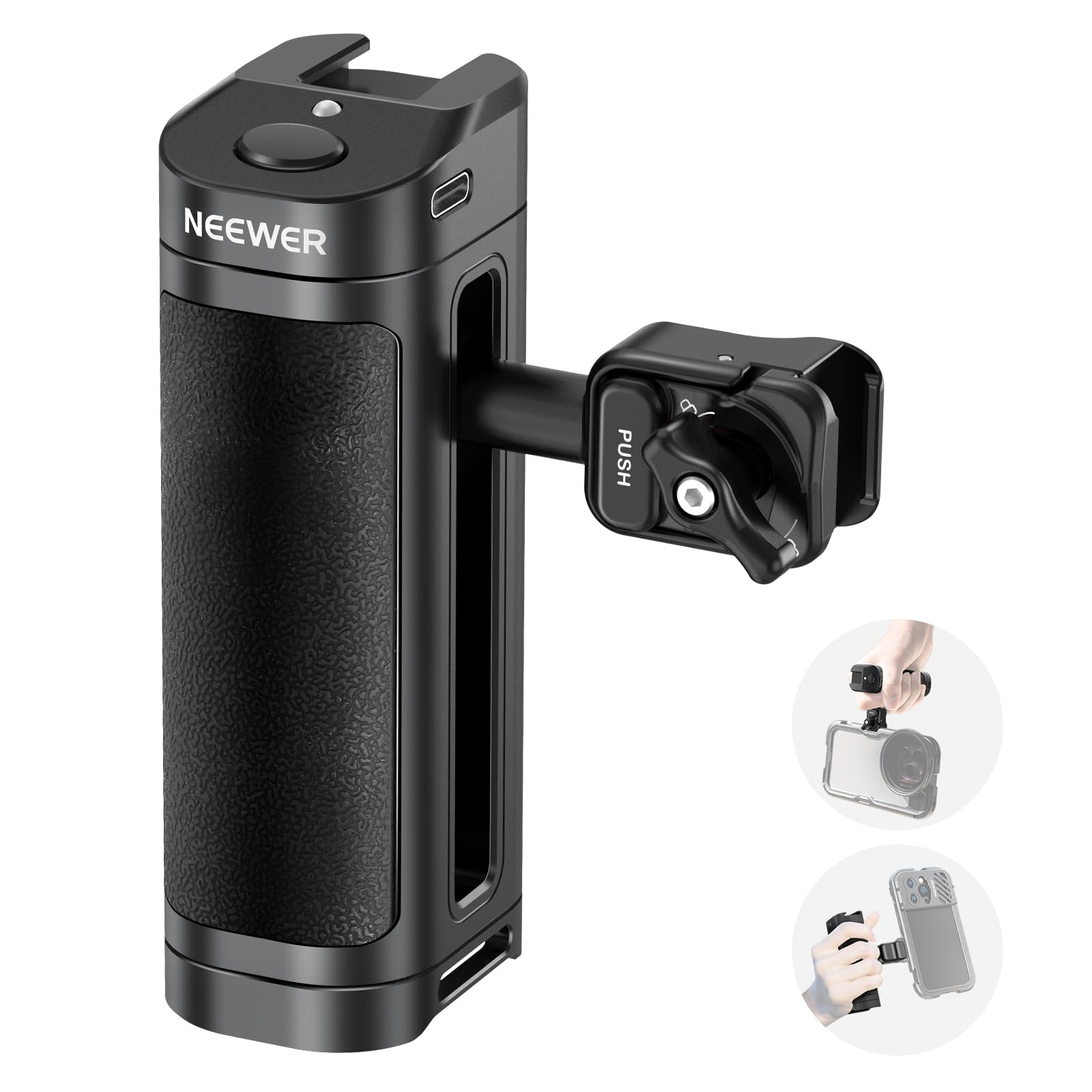 NEEWER サイドハンドル スマホケージ用 クイックリリース Bluetoothリモートシャッターリリース/コールドシュー/USB C充電/輪郭グリップ付き 手持ち撮影ハンドル コンパチブル iPhone 16 Pro Max 15 Pro Max S2