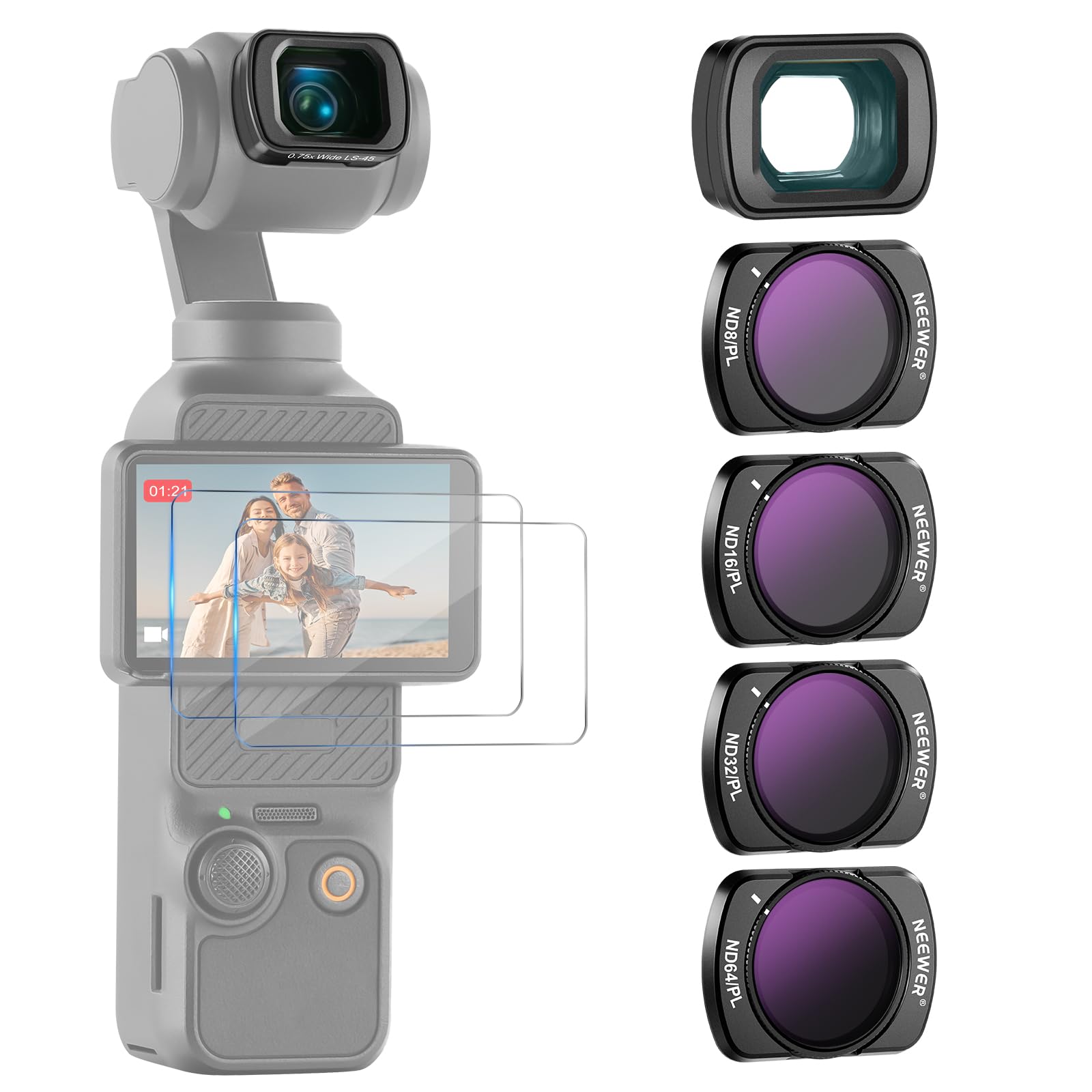 NEEWER ND/PLフィルターセット(4枚)&0.75X広角レンズ コンパチブル DJI Osmo Pocket 3 Creator Combo ND8/PL ND16/PL ND32/PL ND64/PL スクリーンプロテクター付き 偏光フィルター