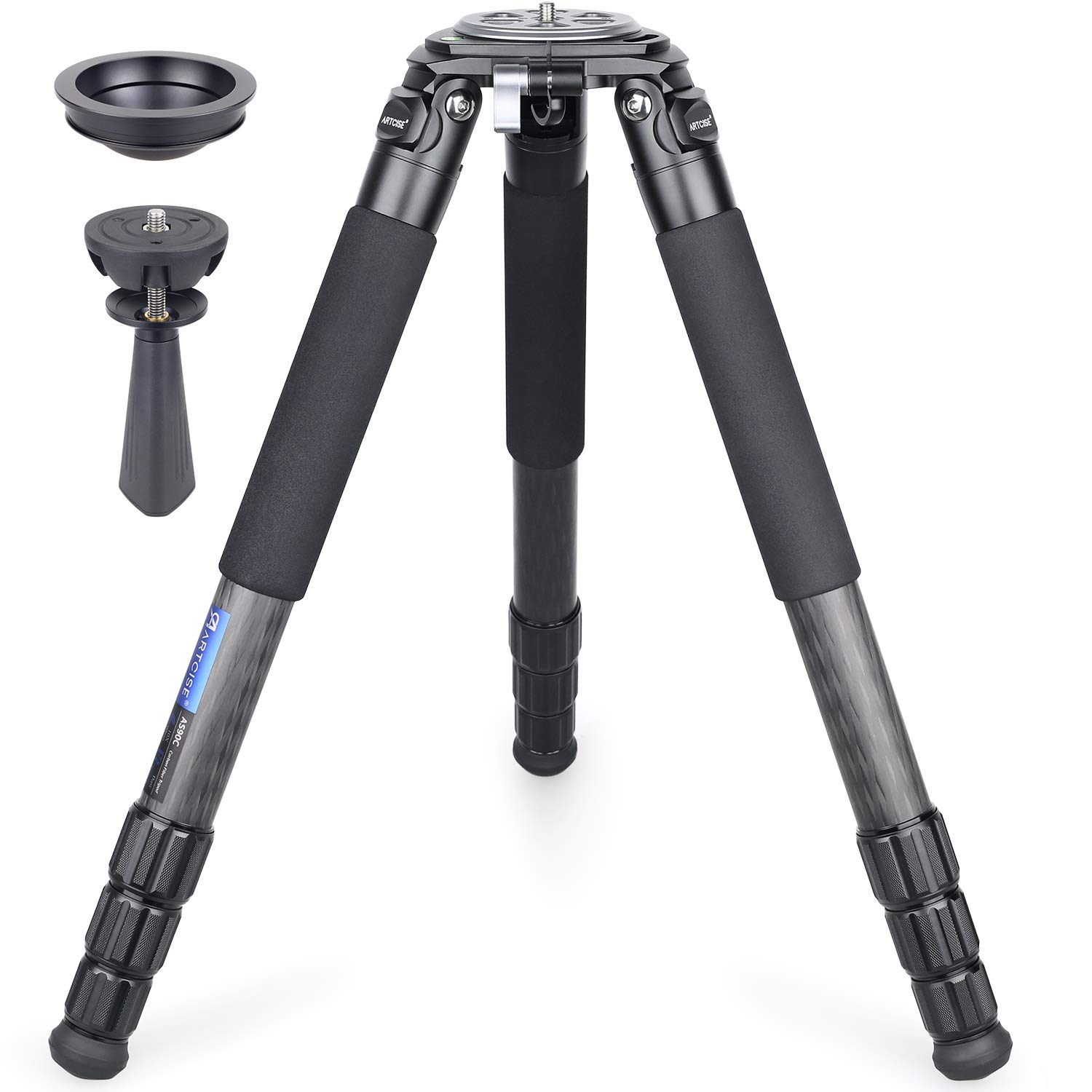 大型 カーボン三脚 40mm パイプ径 4段 ナットロック式 ボウル3脚 ARTCISE 軽量 頑丈 10層カーボンファイバー 耐荷重40Kg プロレベル カメラビデオ さんきゃく 75mmボウルアダプター付き 三段開脚で10cm-160cmの使用高度 自