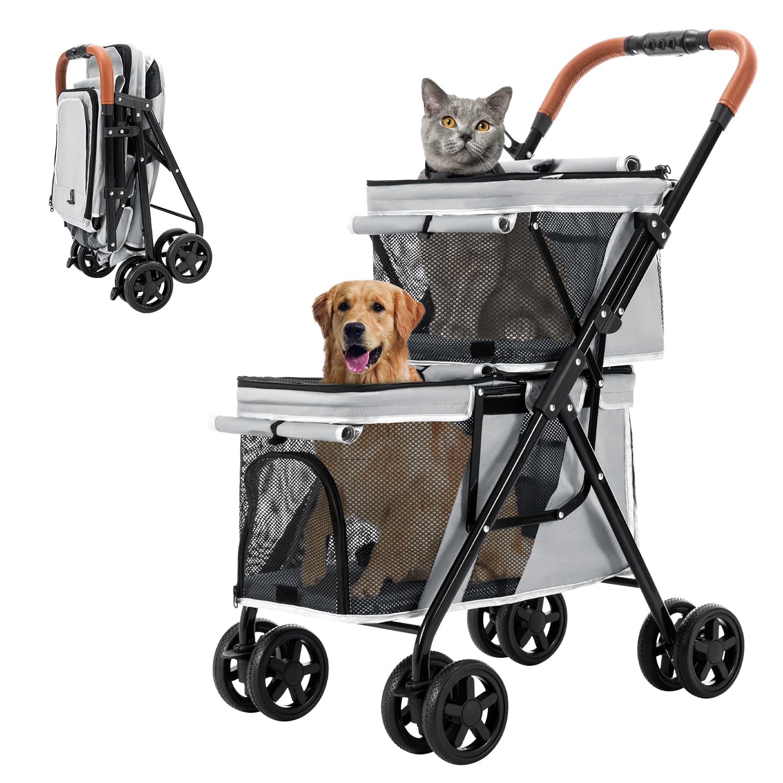 LPOTIUS ペットカート 多頭 上下2段式 ペットバギー ワンタッチ 折りたたみ 犬用ベビーカー コンパクト 収納便利 4輪 前輪360&deg;回転 後輪ブレーキ付き 軽量 犬用カート 小型犬 中型犬 犬猫兼用 耐荷重20KG 上段8KG 下段12KG 多頭｜SelectSHOP 岐阜 店