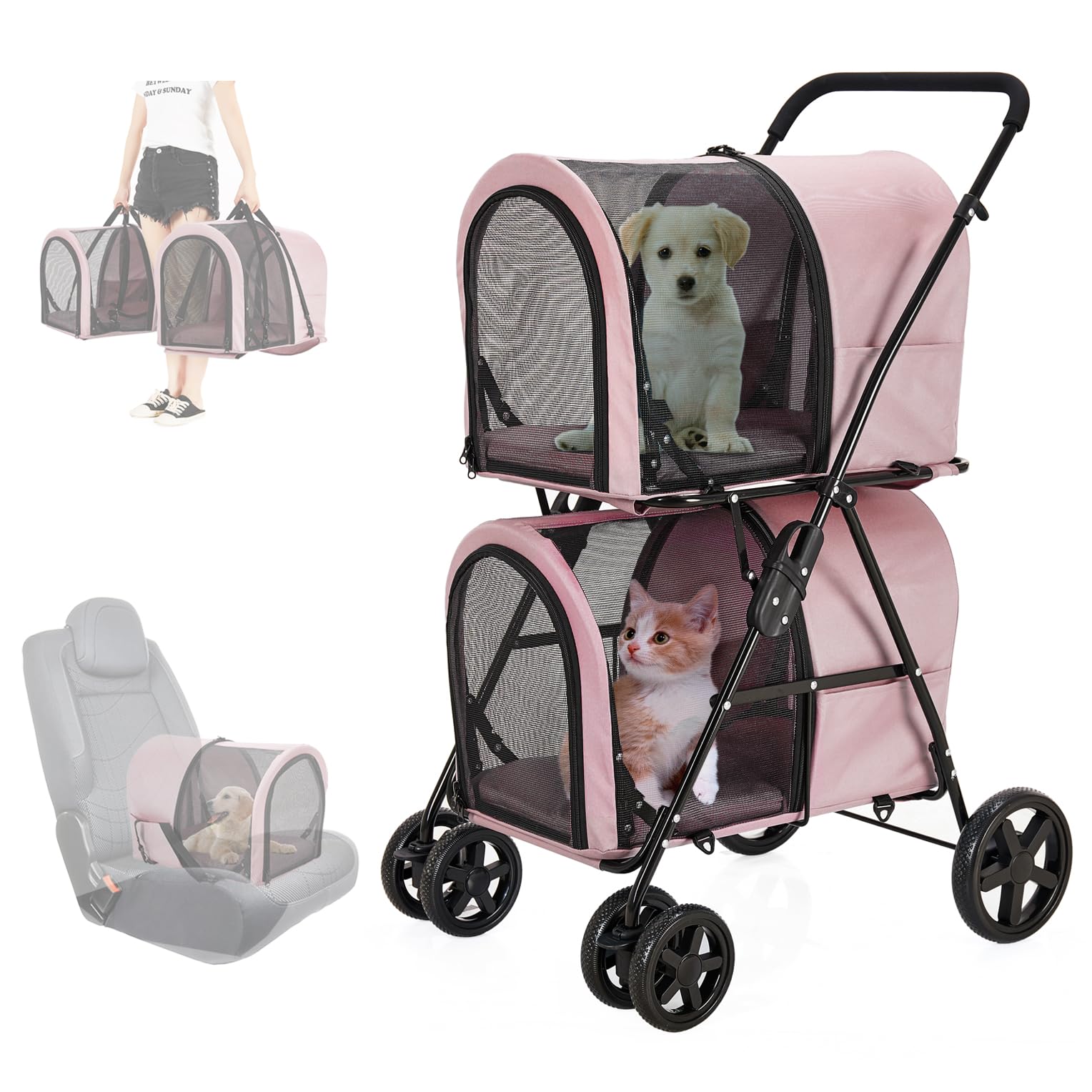 LPOTIUS ペットカート 多頭 上下2段式 分離型 ペットバギー 折りたたみ 軽量 犬用ベビーカー コンパクト収納 ペットキャリーバッグ 4輪 前輪360°回転 後輪ブレーキ付き 小型犬 中型犬 犬猫兼用 耐荷重20KG 上段10KG 下段10KG 多