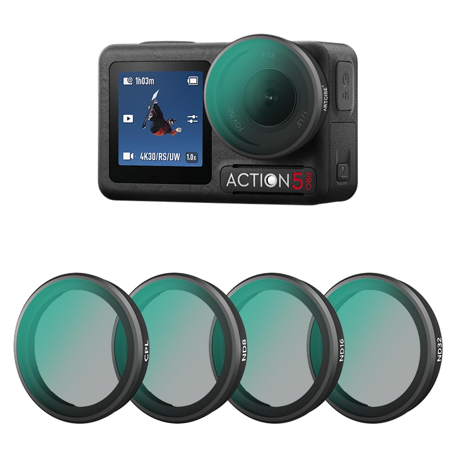 ARTCISE Actionカメラ用フィルターセット DJI Osmo Action 3/4/5 PROに対応（CPL＋ND8＋ND16＋ND32）光学ガラス・両面多層コーティング・防水防油防傷・航空アルミフレーム 高透過率・色彩忠実 動画・写真撮影向け