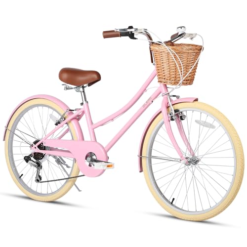 Glerc 女の子自転車 可愛い小中学生自転車 シティーサイクル ママチャリ レトロ おしゃれ 手編み藤カゴ付き SHIMANOシマノ6段変速 リアギア変速 通学用 24インチ 適用身長145~175cm ピンク|SelectSHOP 岐阜 店