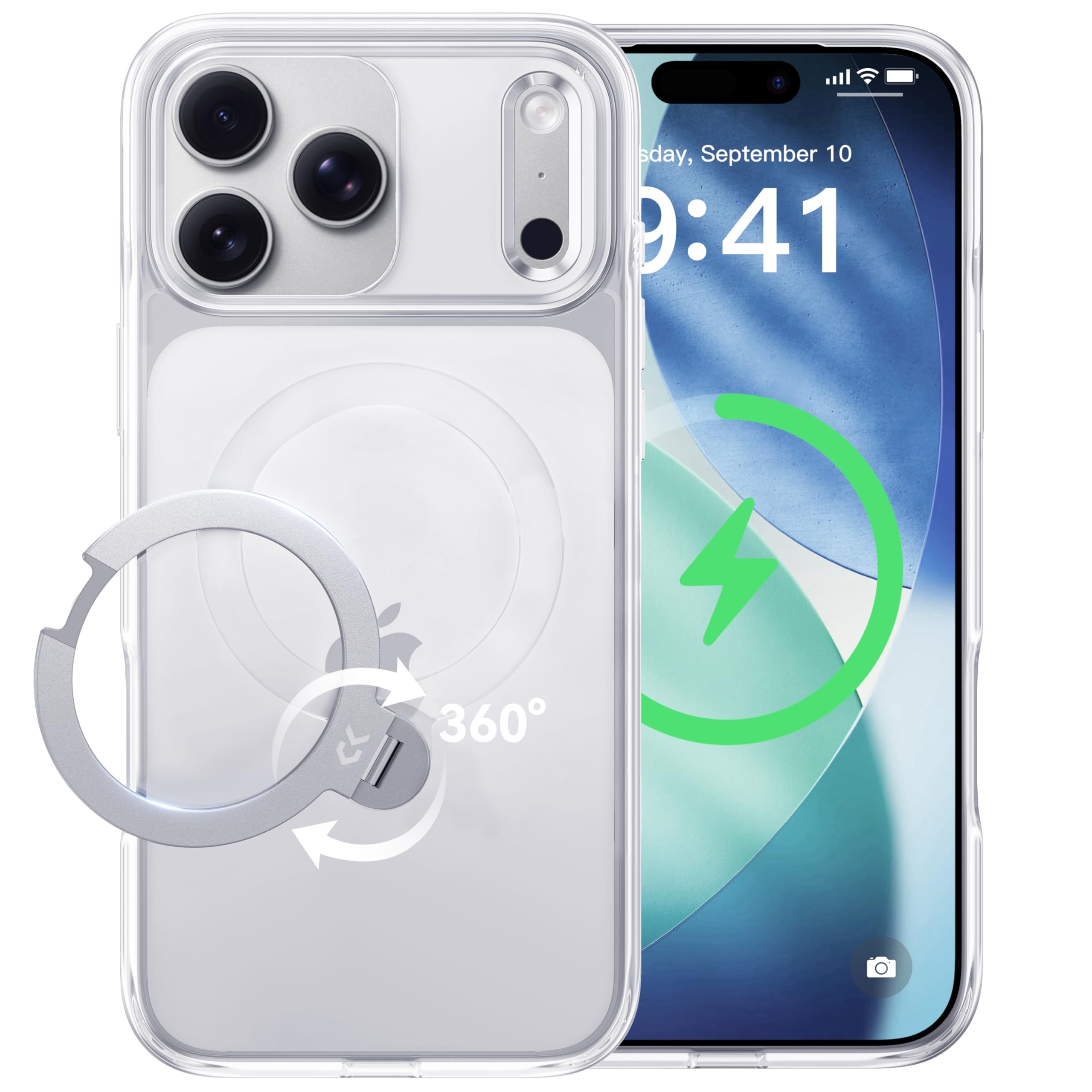 【透き通る上質感・定点360°回転】CASEKOO iPhone 17 Pro 用ケース クリア 耐黄変 横縦両立 角度自在 MagSafe対応 米軍規格保護 耐衝撃 最大25W急速充電対応 フィット感 ラップホール付き 透明 いphone17pro 用ケ