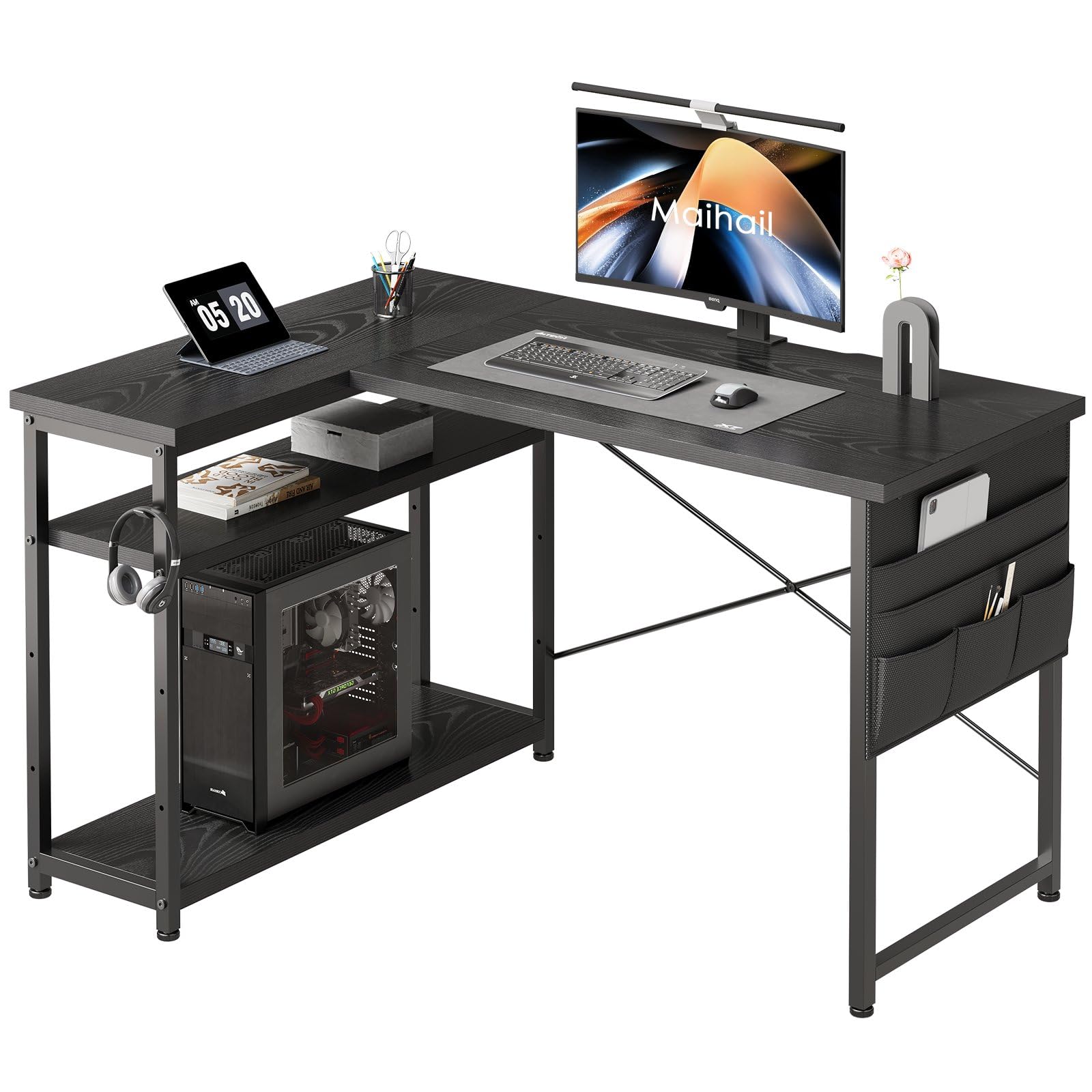Maihail デスク 机 pcデスク パソコンデスク l字デスク 右棚左棚 幅120cm desk コーナーデスク つくえ 棚板高さ調節可能 作業机 L字型 勉強机 在宅ワークデスク リモートワーク ゲームデスク ラック付き 黒い|SelectSHOP 岐阜 店