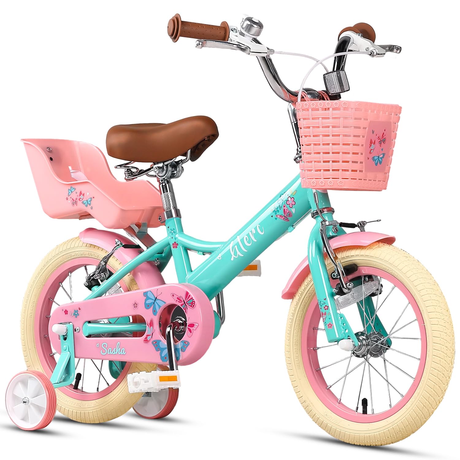 【Glerc】Sasha子供用自転車 可愛い蝶柄ぬいぐるみ座席人形シート付き女の子自転車 16インチ 4歳?9歳 幼児小学生乗り練習街乗り自転車 前かご/補助輪/キックスタンド/泥除け ミントグリーン緑画像