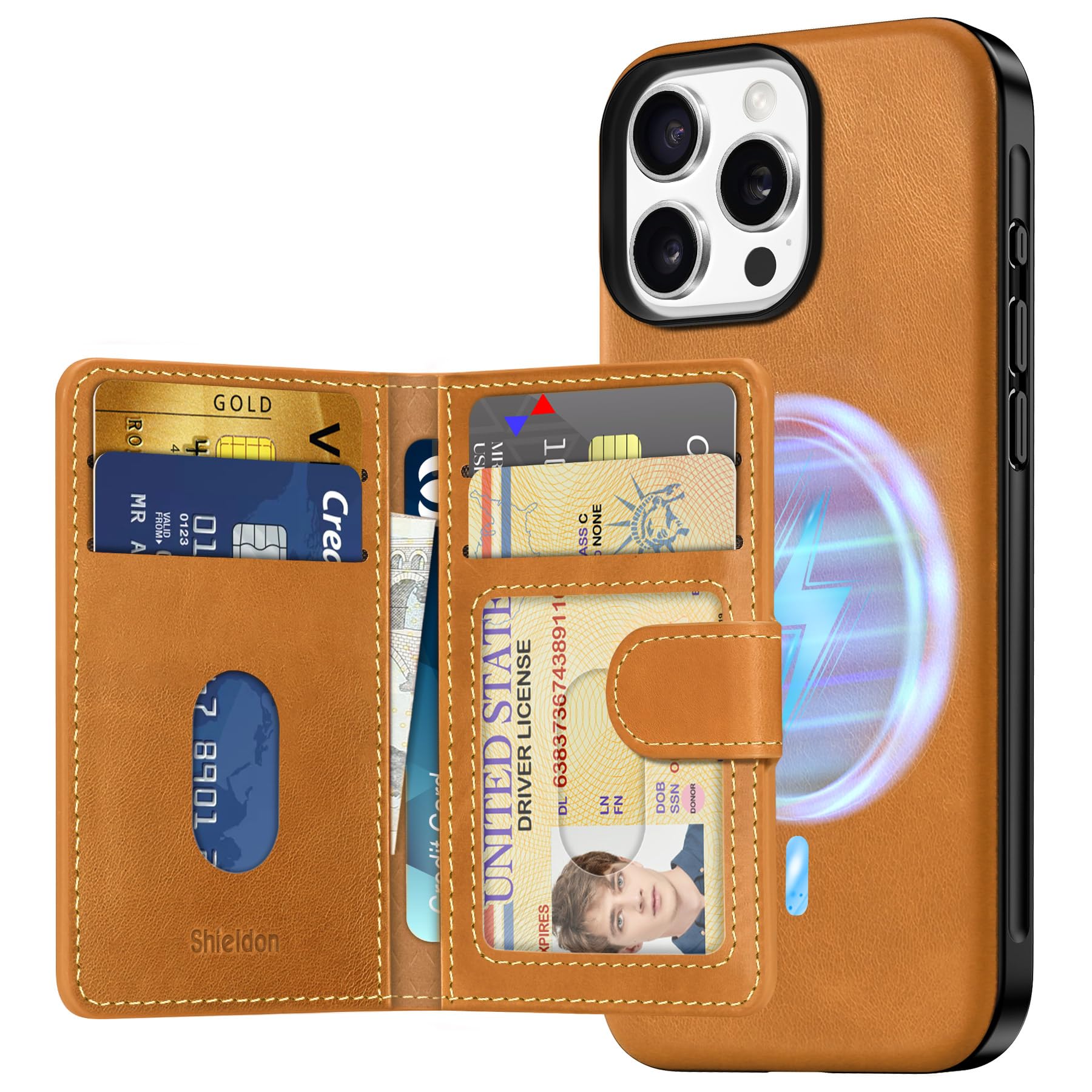 SHIELDON iPhone 16 Pro Max 対応 ケース 本革レザー 磁気吸着ウォレット 分離可 6枚カード収納 [RFIDブロッキング] 磁気充電可 ベーシックケース 背面保護 あいふぉん16プロマックス対応ケース 滑り止め 軽量 指紋防止 カ