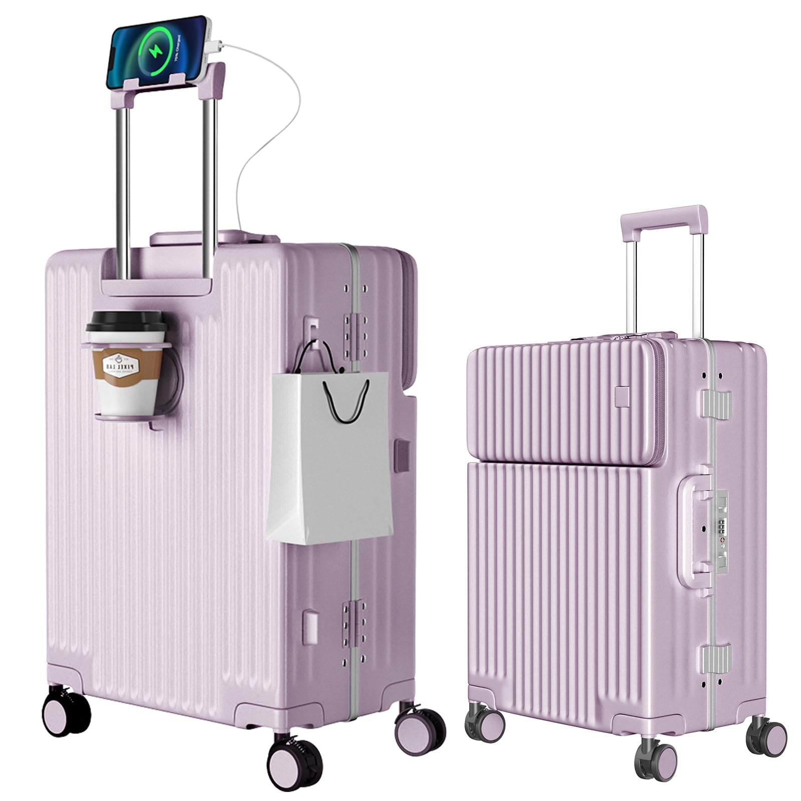 [Ashard] スーツケース 多機能フロントオープン キャリーケース ストッパー付き 機内持ち込み キャリーバッグ 携帯スタンド USBポート付き カップホルダー付き 隠しフック機能 超軽量 耐衝撃 静音 360度回転 ダブルキャスター アルミフレーム