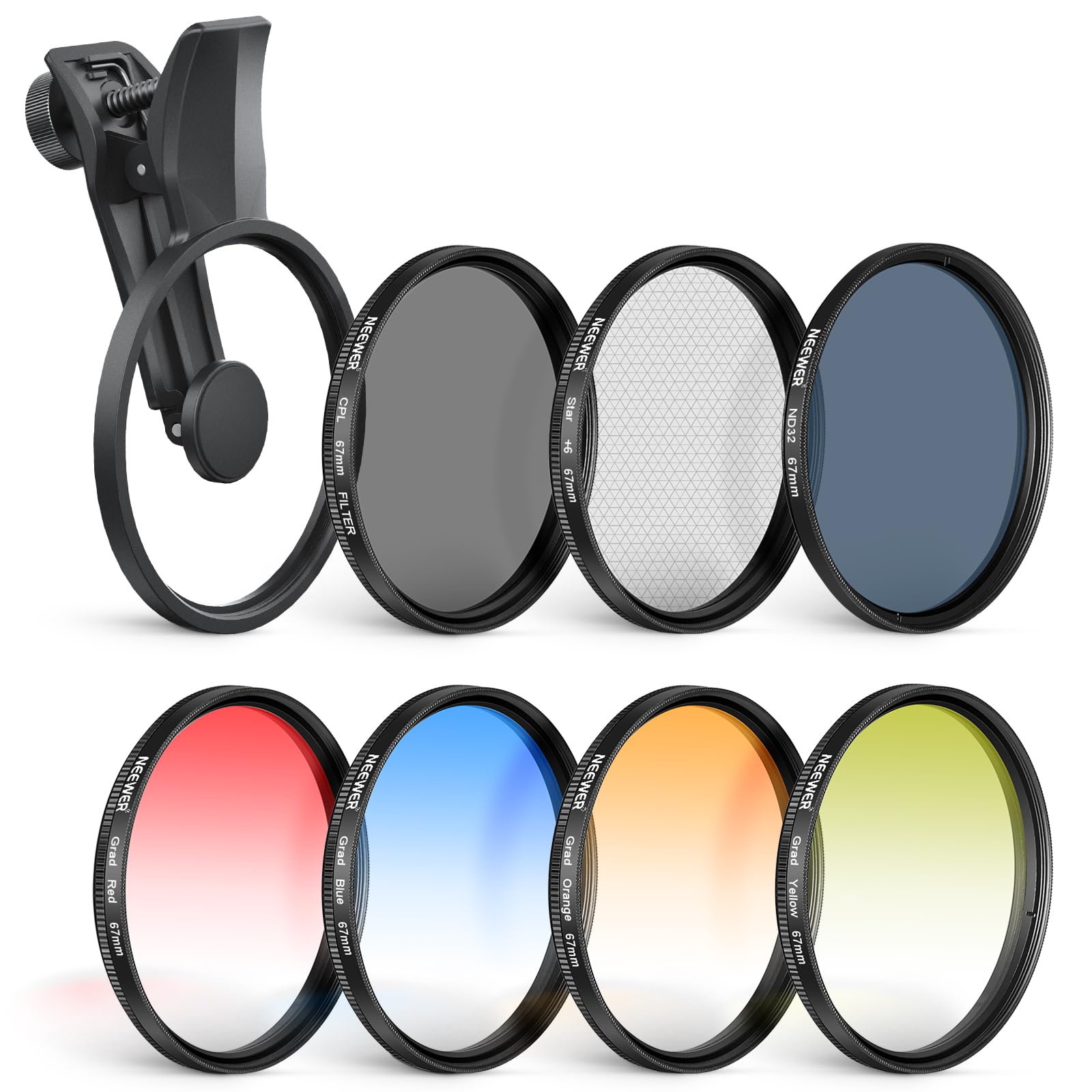NEEWER 67mm 7枚パック NDフィルターセット コンパチブル Androidスマホ Pixel Xiaomi クリップオン CPL+ND32+スターライトフィルター+GND(赤/橙/黄/青) 減光フィルター 円偏光レンズ スマホレンズィルター 写