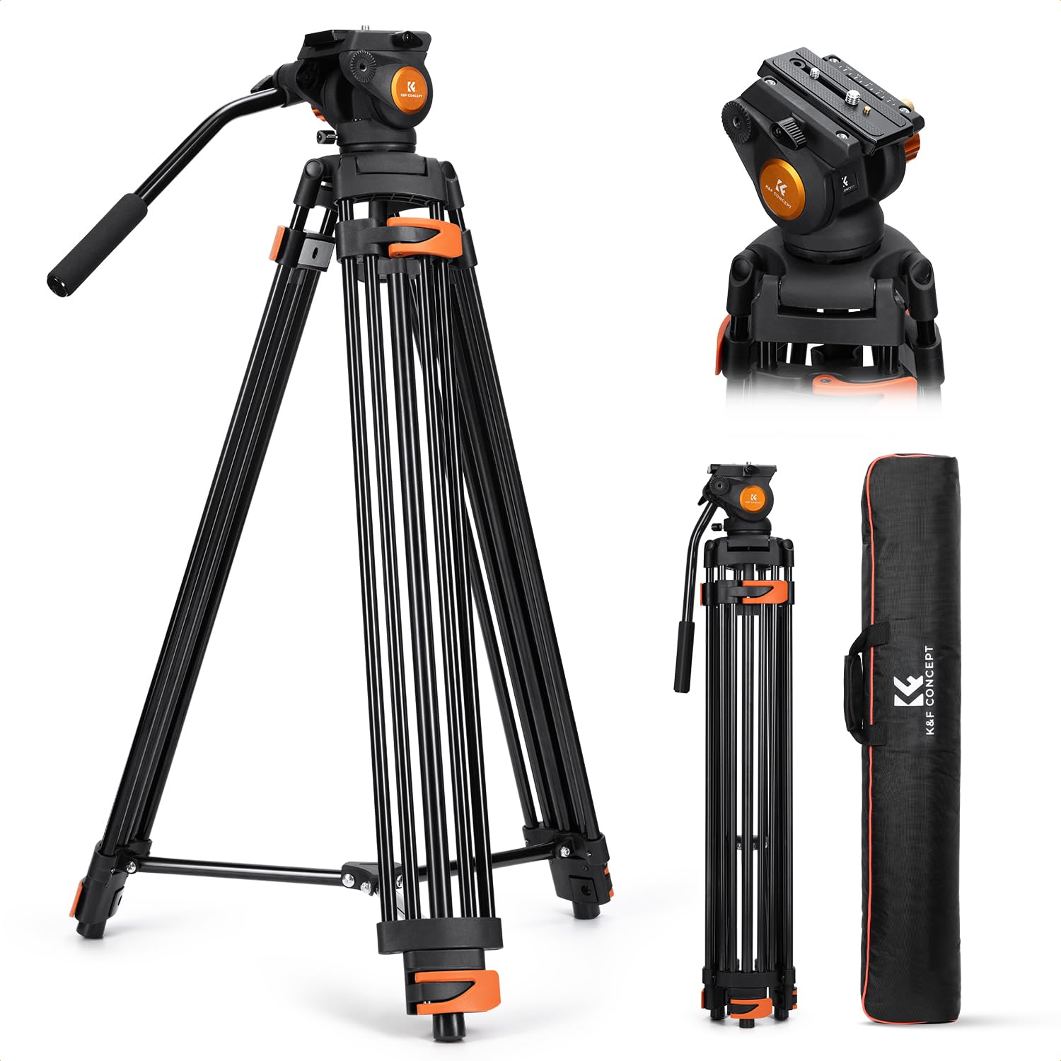 ビデオ三脚K&F CONCEPT VA3+BV70 80インチ、360°フルード雲台とQRプレート付き アルミ合金製耐荷重17.6ポンド（約8kg）デジタル一眼レフ、ミラーレスカメラ、カムコーダー、ビデオカメラに対応