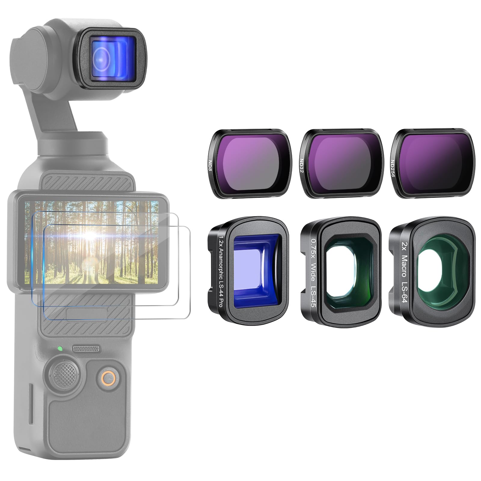 NEEWER NDフィルターセット 3枚 ND8 ND32 ND256 0.75X広角レンズ/2Xマクロレンズ/1.2Xブルー アナモルフィックレンズ/スクリーンプロテクター付き アクションカメラフィルター コンパチブル DJI Osmo Pocket 3