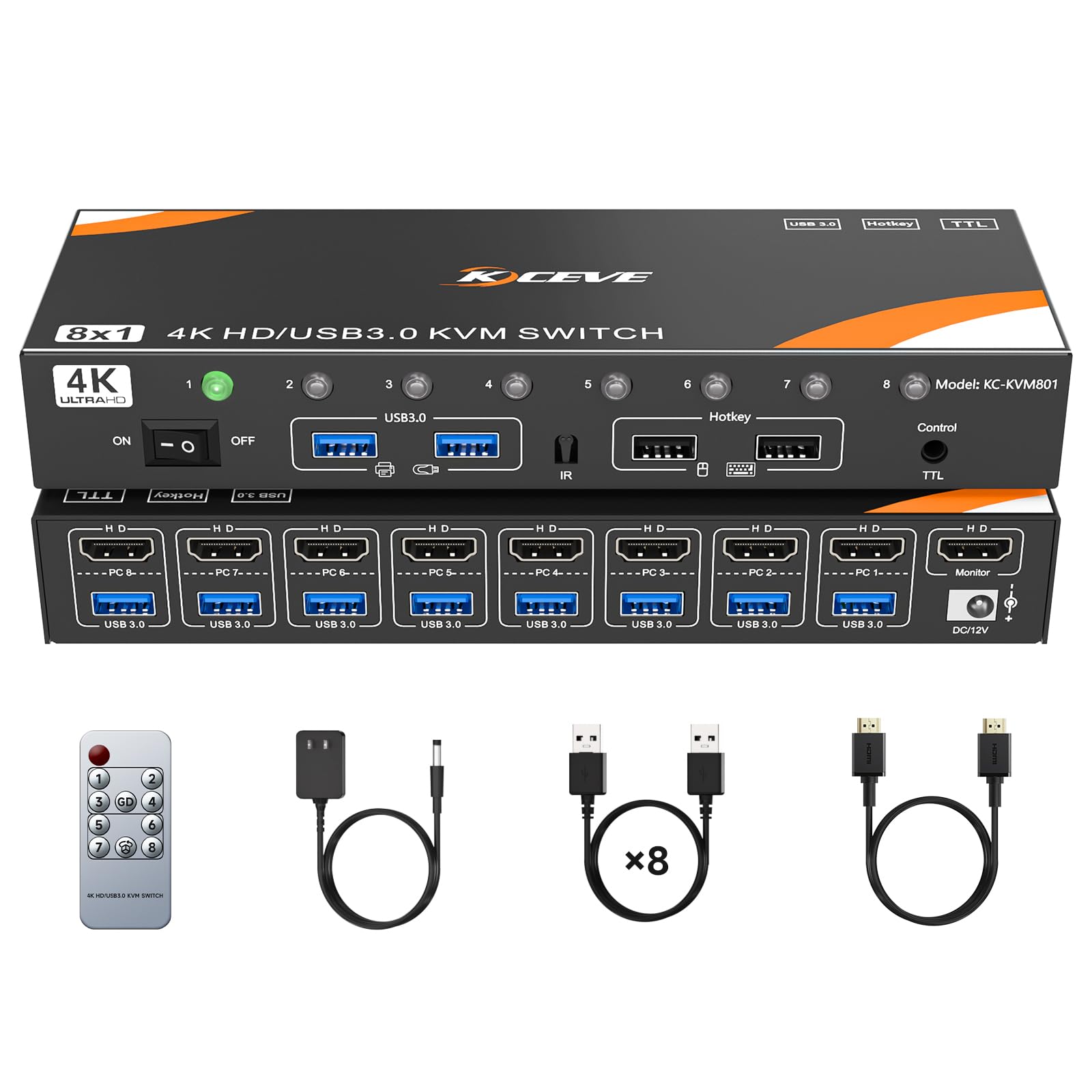 KCEVE 8入力1出力 KVMスイッチ、4K@60Hz USB3.0対応、ホットキー&リモコン操作、キーボード マウス モニターを8PCで共有、ドライバー不要、Windows/Linux/Mac対応|SelectSHOP 岐阜 店