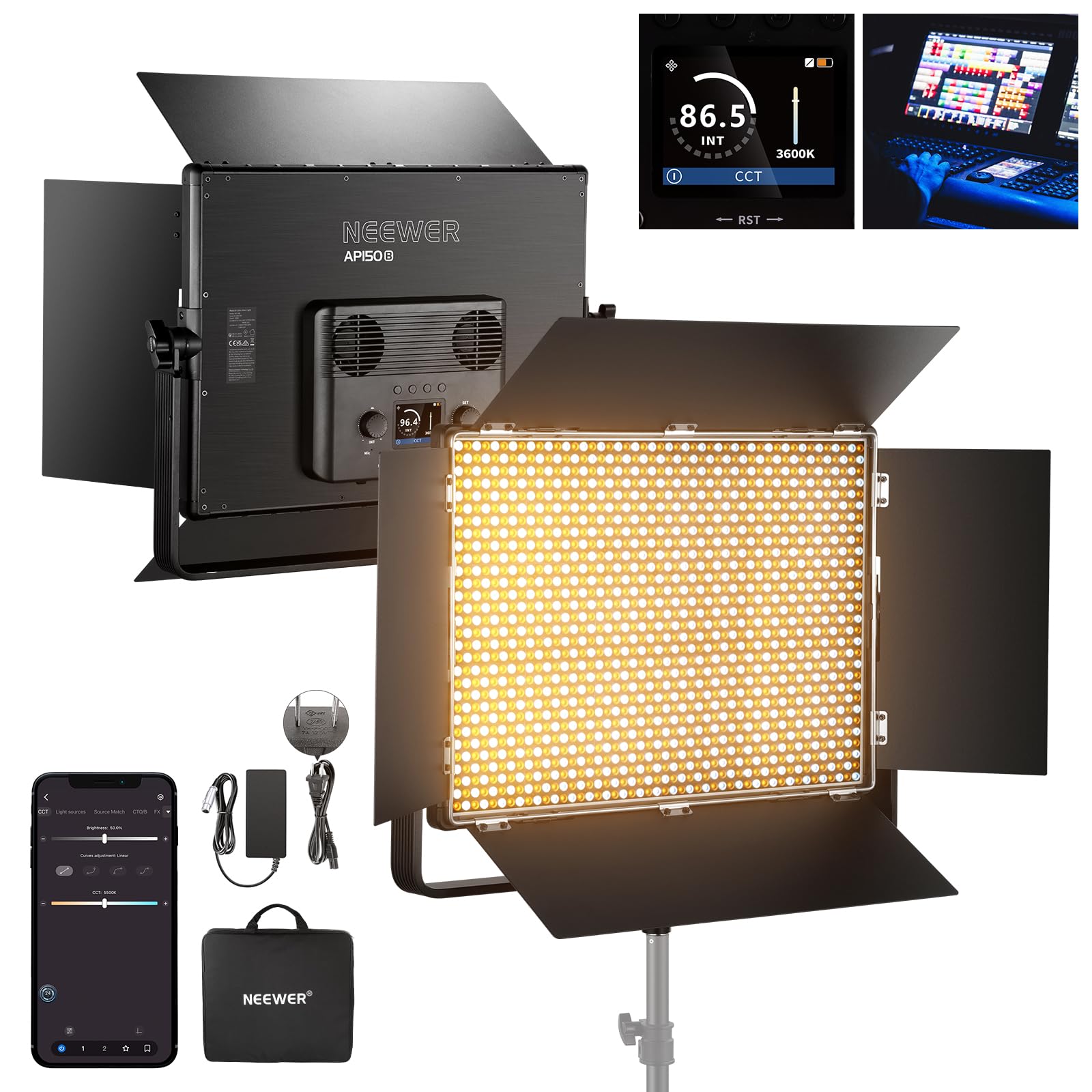 NEEWER AP150B 撮影用ライト LEDビデオライト 150W 高輝度定常光 APP/2.4G/パネル/DMX制御 1440個LEDビーズ 49500Lux/0.5m 高演色CRI96+/TLCI97+ 調光可能 2500K-8500K 0-100｜SelectSHOP 岐阜 店