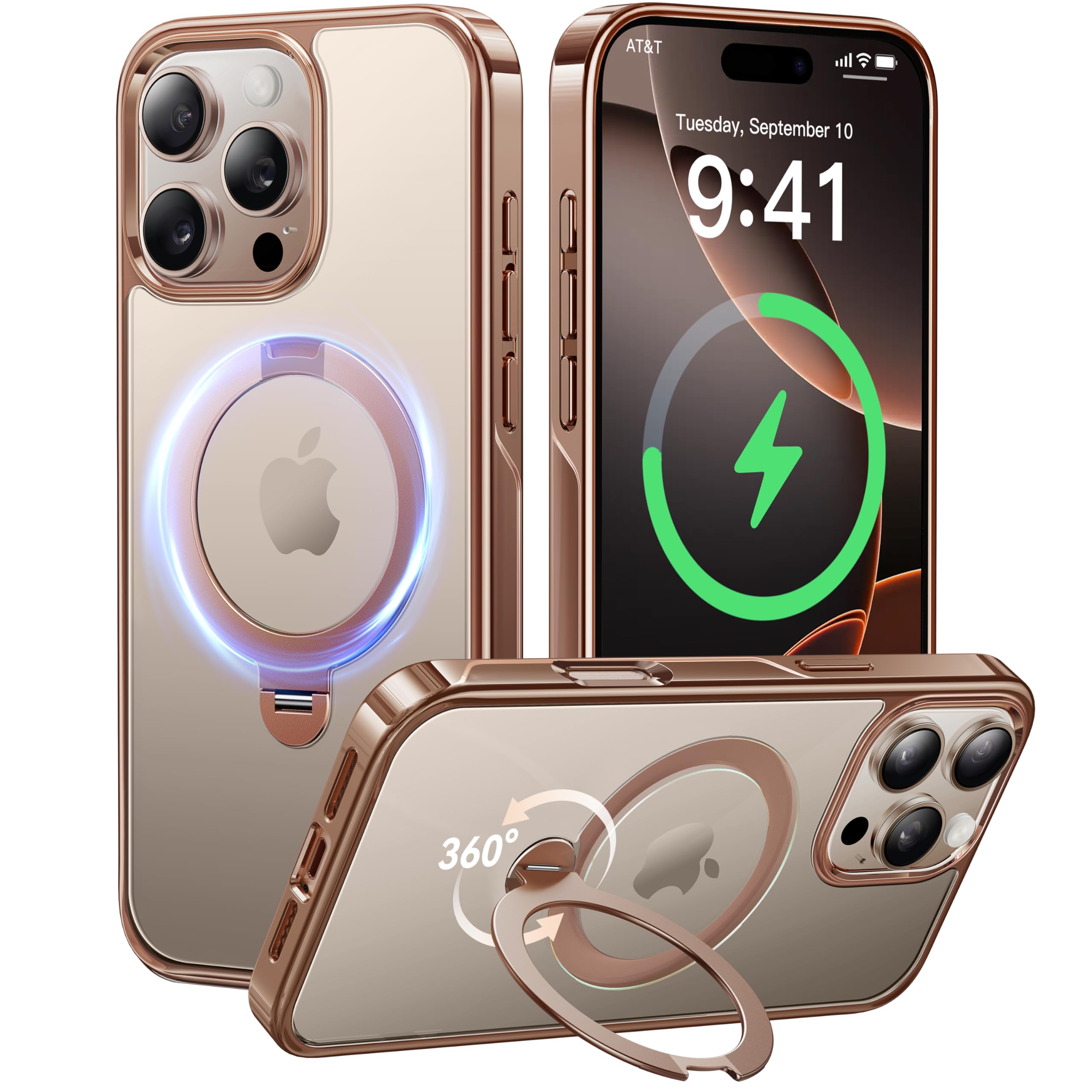 【透明な輝き＆360°回転スタンド】CASEKOO iPhone 16 Pro 用ケース クリア 米軍規格保護 金属感 キラキラ フィット感 MagSafe対応 25W急速充電 横縦両立 角度自在 微調整 超強磁力 耐衝撃 高耐久性 ラップホール付き 真空