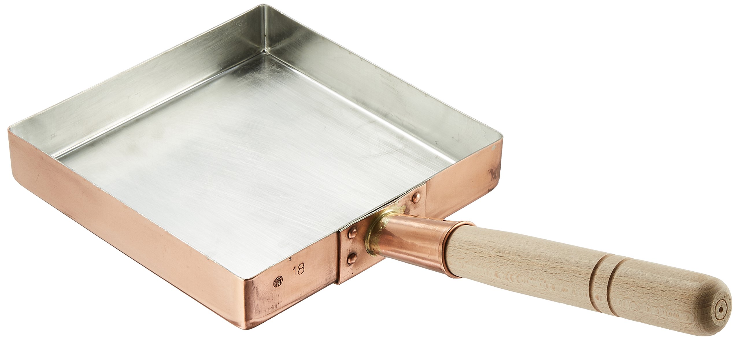 遠藤商事 TKG 卵焼きフライパン 18cm 銅の優秀な熱伝導で卵が均一に加熱されふっくら美味しく ガス火専用 幅×奥行×深さ(内寸mm)180×180×33正方形 質量(kg)0.77 木製ハンドルで熱くなりにくい(取付必要) 業務用 BTM01018