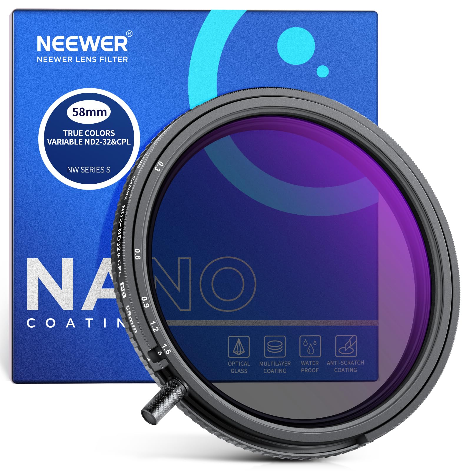 NEEWER 58mm トゥルーカラー可変ND2-32とCPLフィルター 2in1 調整可能 減光と円偏光フィルター マルチコーティングHD光学ガラス/アルミ合金フレーム