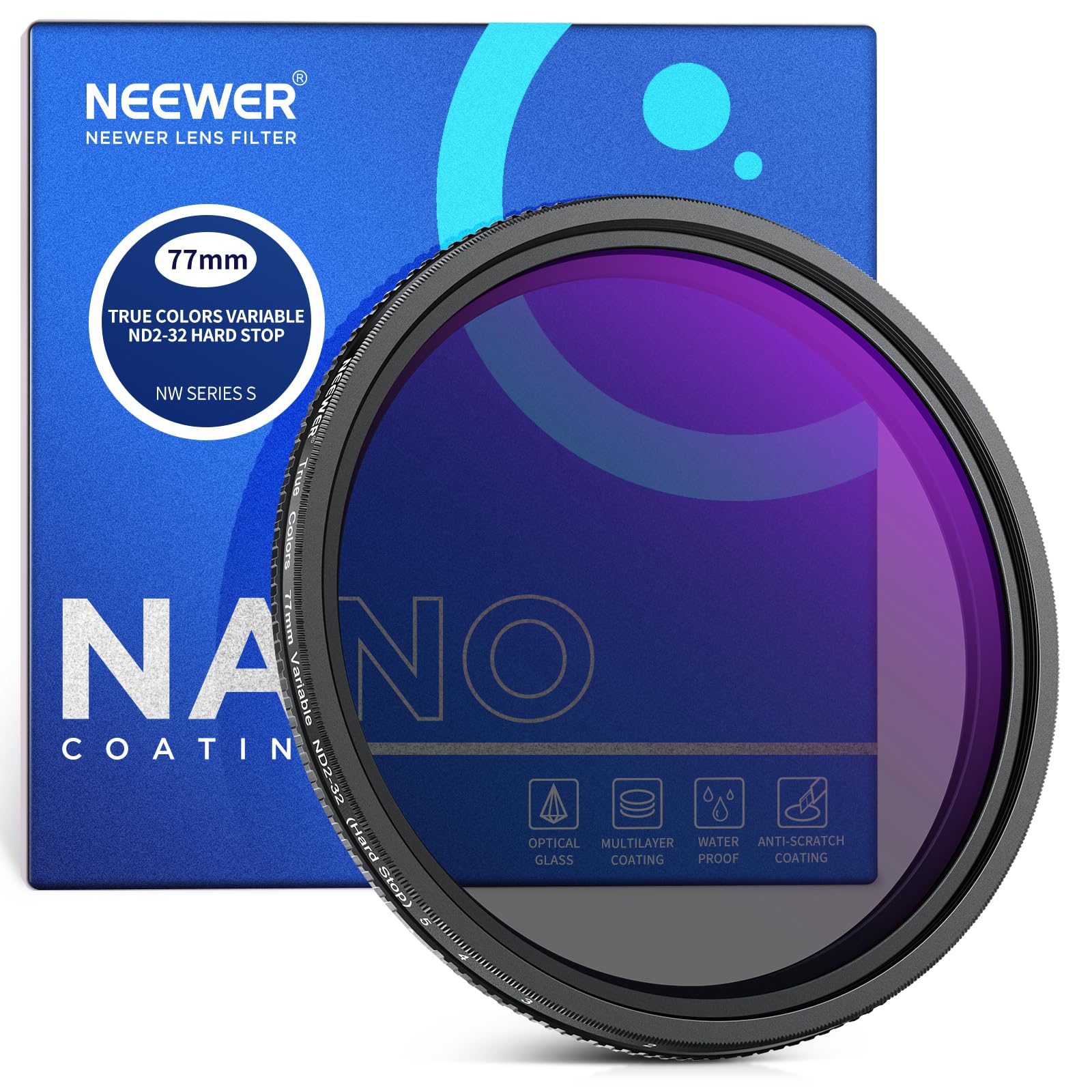 NEEWER 77mm トゥルーカラー可変NDフィルター ハードストップ ND2-32 (1-5ストップ) 限定減光フィルター マルチコーティングHD光学ガラス/Xクロスなし/アルミフレーム/防水/キズ防止/指紋防止｜SelectSHOP 岐阜 店