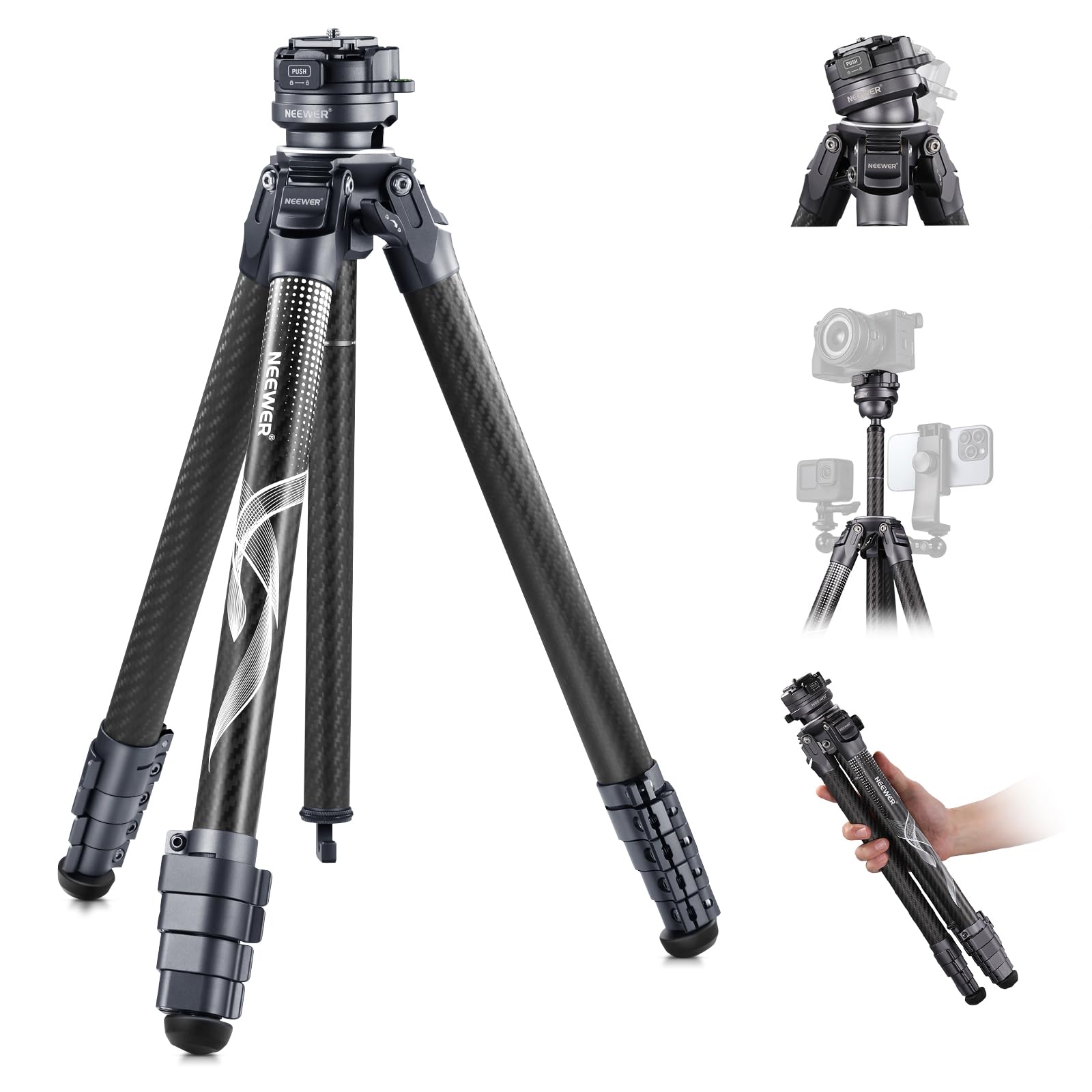 NEEWER LITETRIP LT32 157cmトラベル三脚 カーボン 15°レベリング 360°パノラマ雲台、着脱式中心軸、ファストフリップバックル、Arca QR三脚プレート付き ビデオ/一眼レフカメラ三脚 コンパチブル Peak Design C