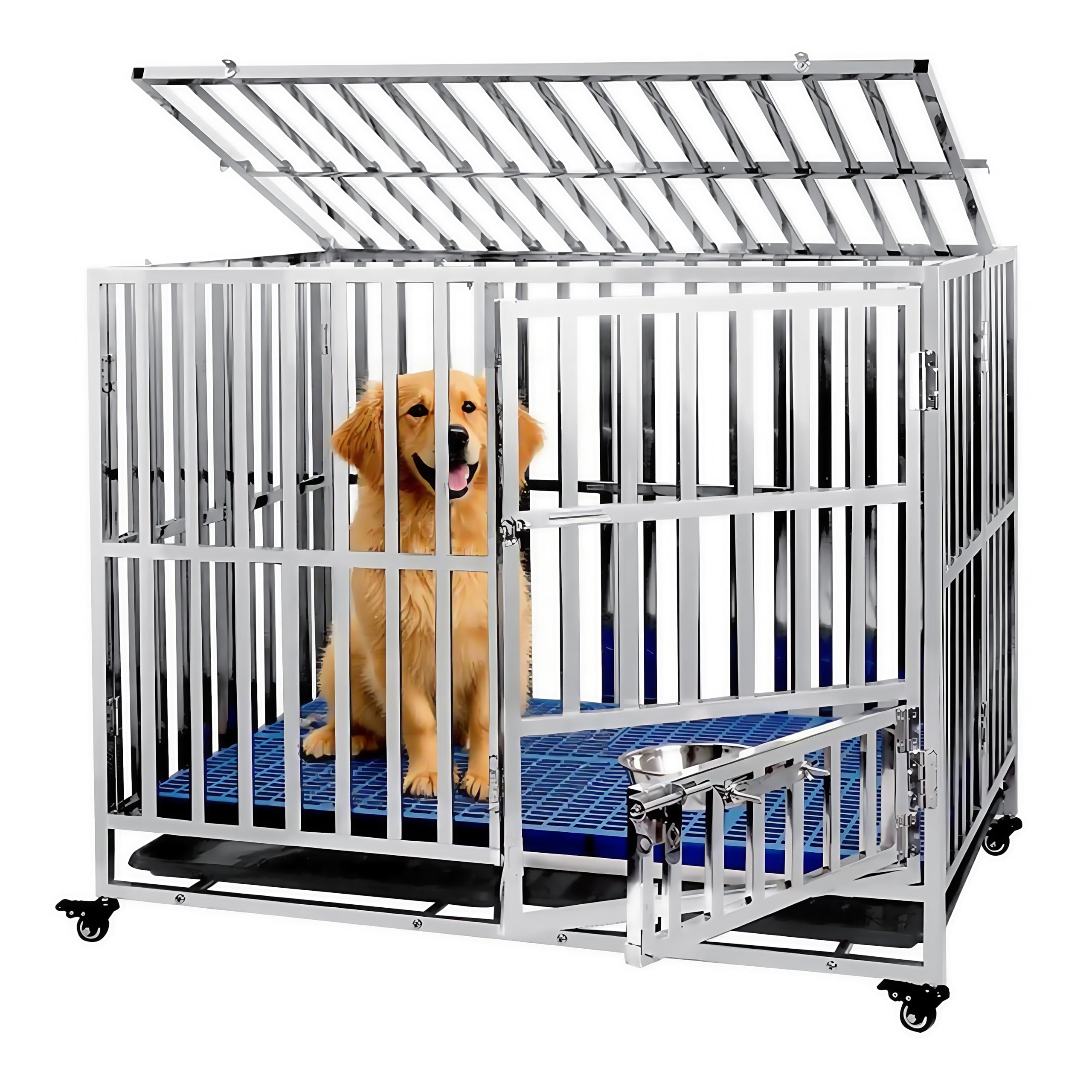 kilogorge 大型犬 ゲージ ステンレス鋼製犬用ケージ キャスター付き 耐荷重250KG 折りたたみ 組立簡単 ダブルドア/トレー/マット/給餌器付き 適用小型犬/中型犬/大型犬 ペットケージ 犬ゲージ 室内 室外 脱走防止 長さ95×幅65×高さ7|SelectSHOP 岐阜 店