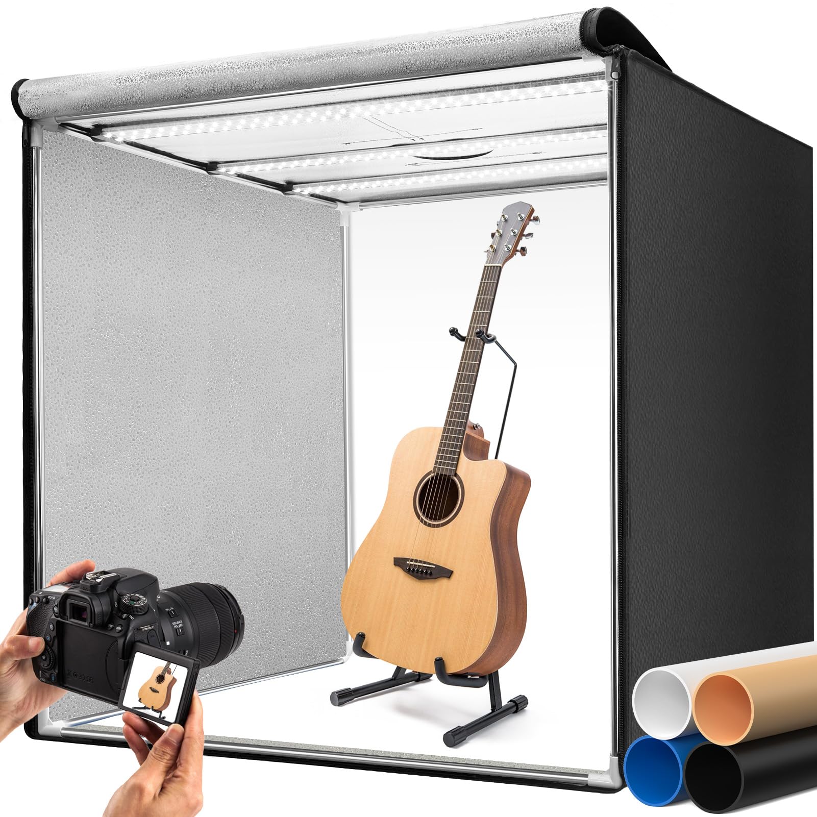 DUCLUS 撮影ボックス 100cm 撮影キット 折りたたみ、高い CRI_96 の 10500LM LED ライト、無段階調光、360° 調節可能ライトパネル、4色マットPP背景 大型商品撮影用