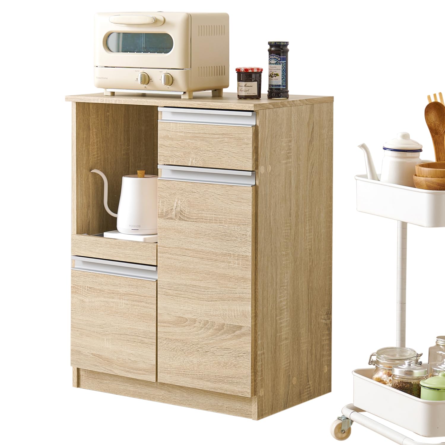 萩原 レンジボード 幅60 食器棚 キッチンラック レンジ台 作業台 大容量 ２口コンセント 扉付き ナチュラル VKC-7142NA