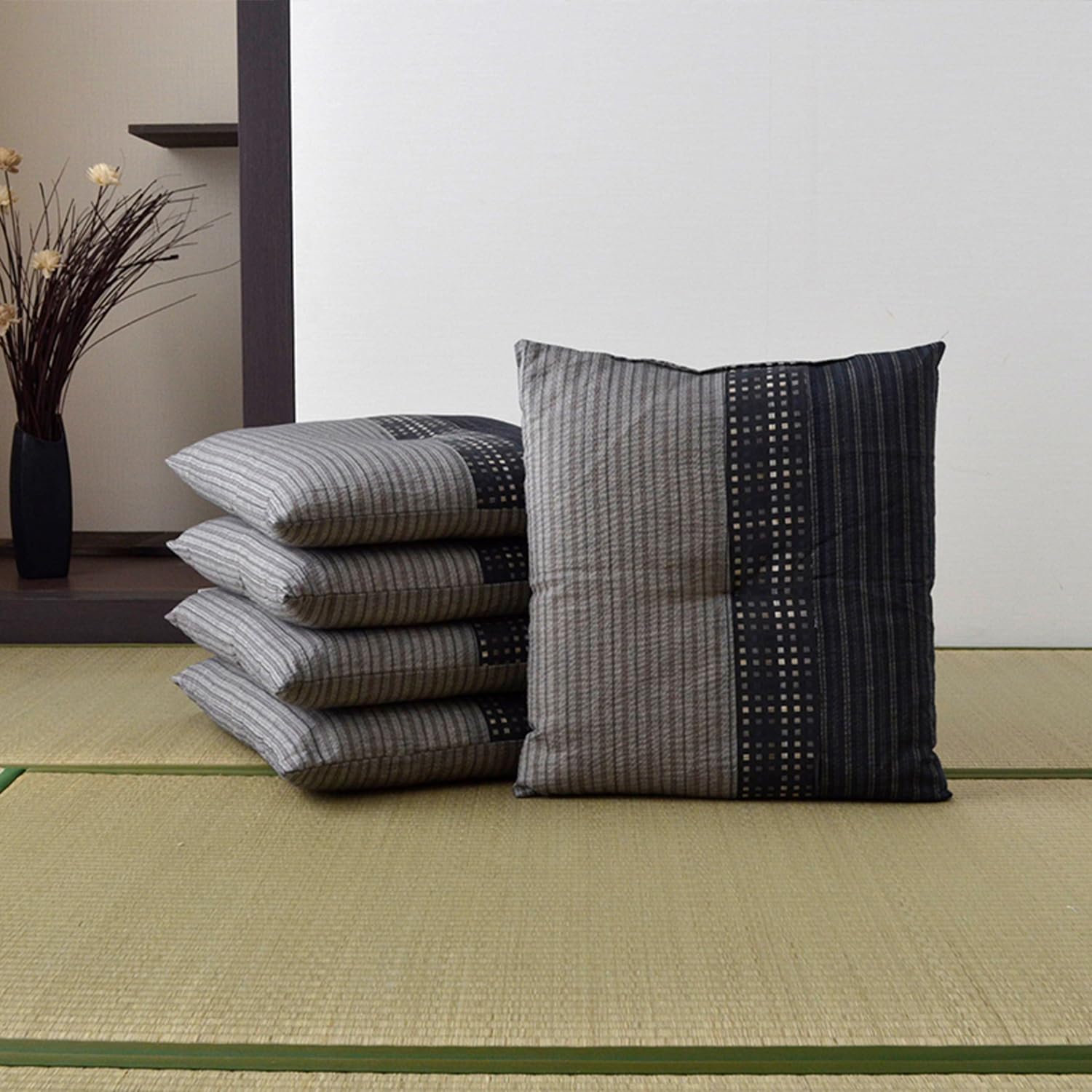 イケヒコ クッション 座布団 銘仙判 しじら ゆかり 日本製 綿100% 和柄 ブラック 約55×59cm 5枚組 #3590750