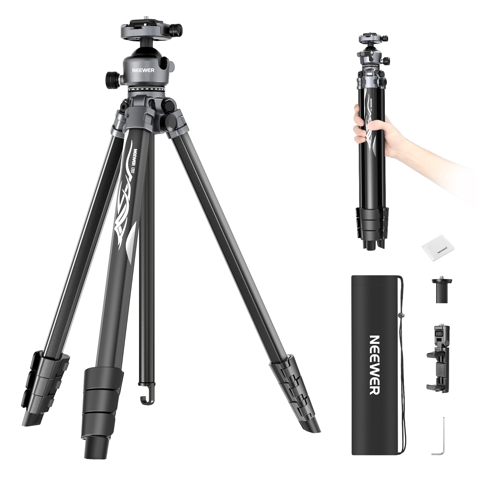 NEEWER LITETRIP 155cm カメラ三脚 トラベル三脚 アルミ製 ポータブル三脚スタンド ボールヘッド/2軸スマホホルダー/アルカ型QRプレート付き ビデオ三脚 旅行用三脚 撮影三脚 コンパチブル iPhone/V3/Galaxy S25 S