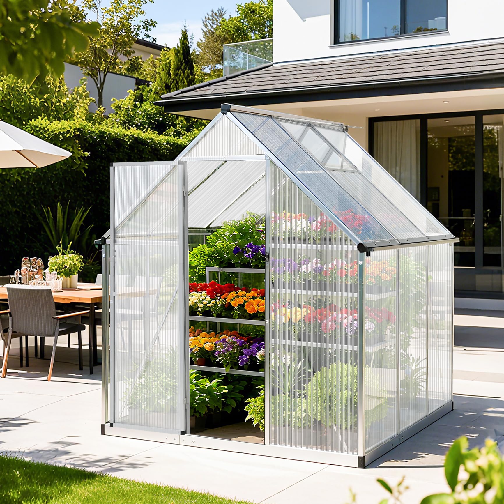 OSJ アルミ温室 家庭用 大型 奥行113cm 花園用 家庭菜園 ガーデンハウス 植物 栽培 小屋 収納庫 多機能 耐久性 ポリカーボネート 軽量 高強度 アルミフレーム 組立式
