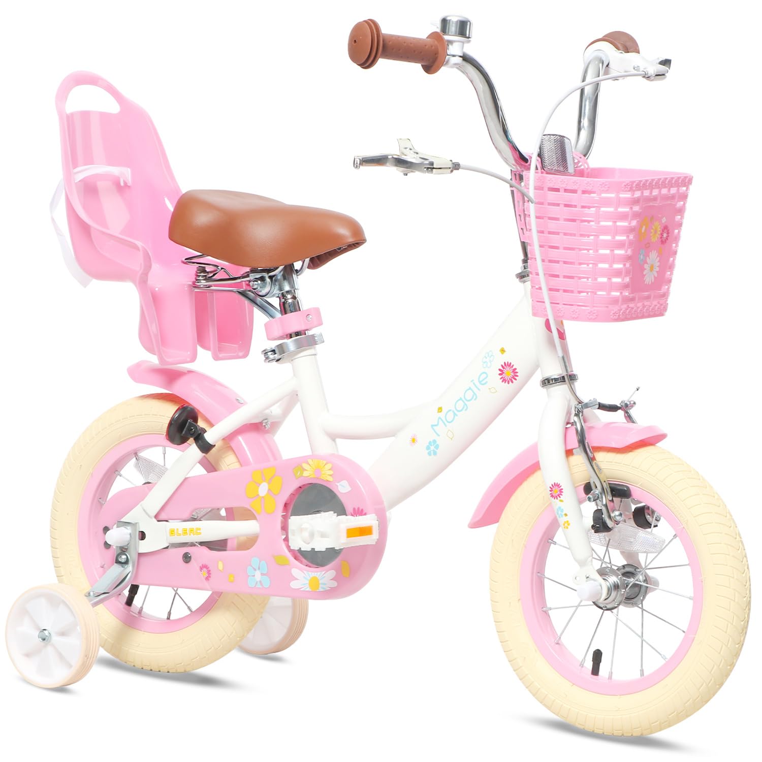 Glerc Maggie 子供用自転車 女の子用 キッズバイク 幼児乗り練習 花柄 かご付き 補助輪付き こども三輪 ぬいぐるみ座席付き vブレーキ 6・12歳 ホワイトピンク