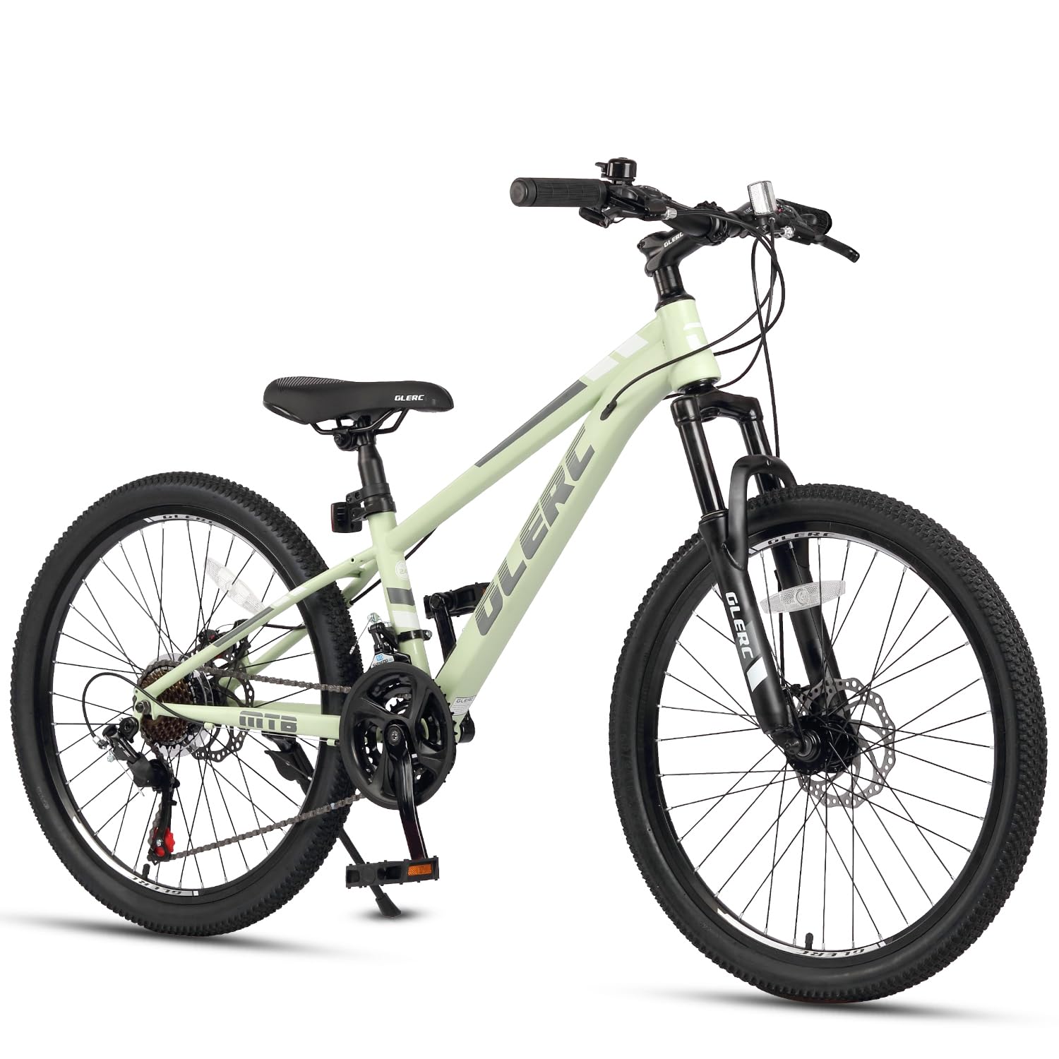 【Glerc】Sky Line子ども用マウンテンバイク 子供自転車MTB オンロードオフロード 男の子女の子小学生中学生 街乗り通学 21段変速 フロントサスペンション ディスクブレーキ 20インチ 緑グリーン画像