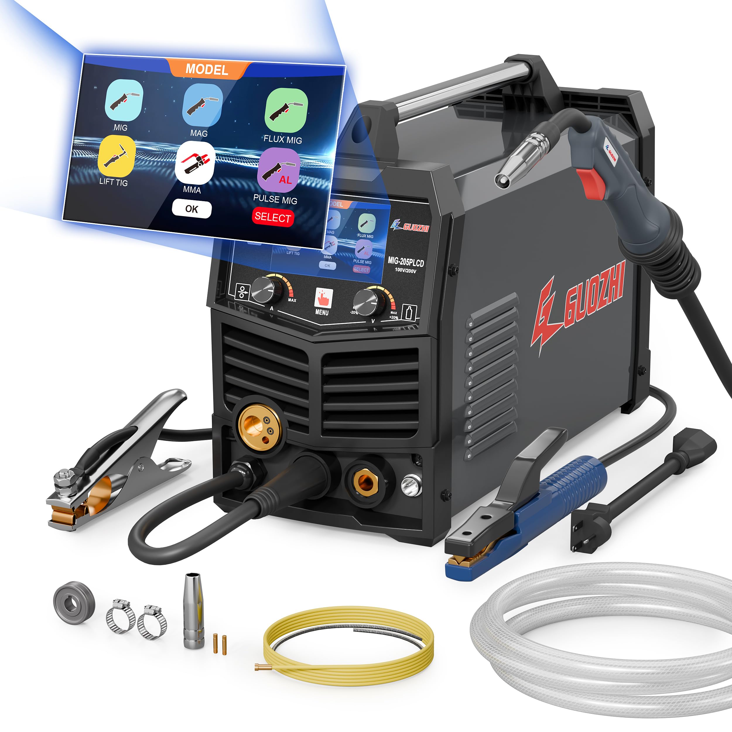 GZ GUOZHI 溶接機 半自動 100v 200V 兼用 205A アルミ溶接機 TIG溶接機 MMA/アーク溶接 ガス&ノンガス スプールガン溶接 ワイヤー溶接 パズル溶接 1台7役 多機能MIG溶接機 インバーター直流 半自動溶接機 定格使用率 6 35,486円