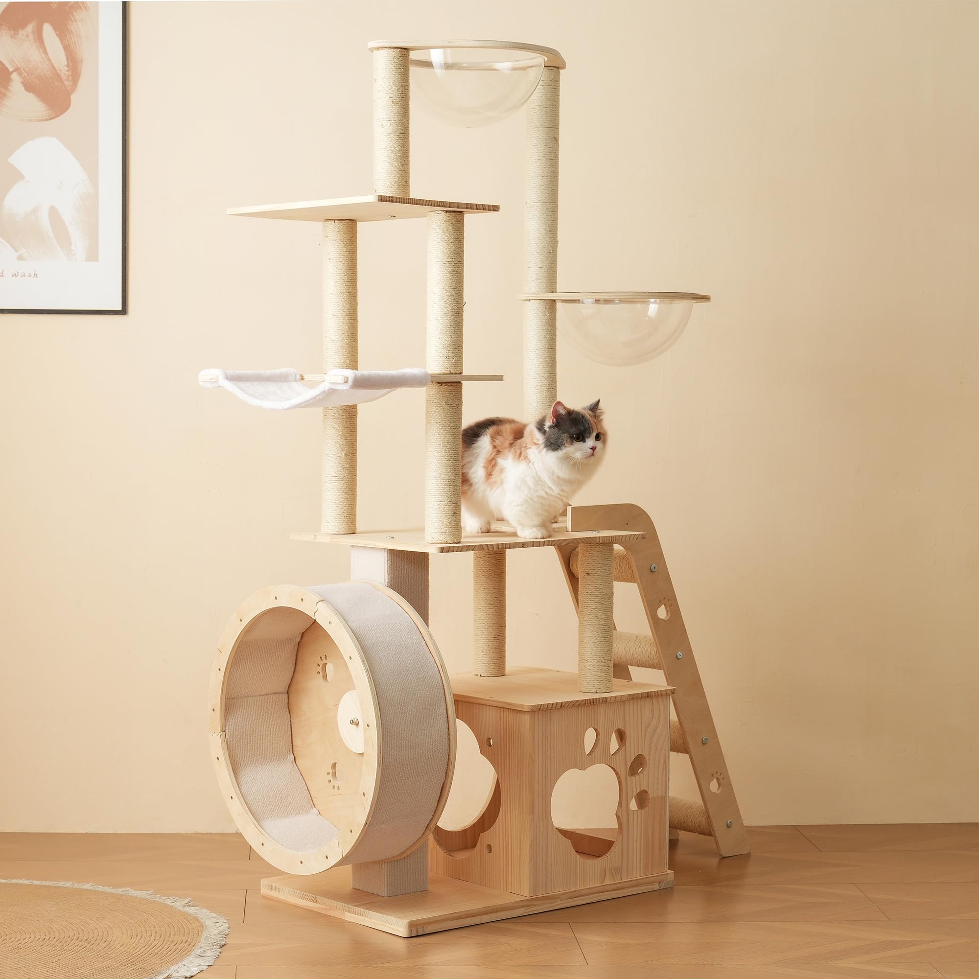 OSJ キャットタワー 猫タワー キャットツリー 据え置き ランニングホイール付き 多頭飼い 宇宙船 ネコタワー 高さ165.5cm 上り下りしやすい 爪とぎポール 木製 可愛い 子猫 大型猫 ペット用品 高い安定性 運動不足解消 おしゃれ 頑丈 角丸加工｜SelectSHOP 岐阜 店