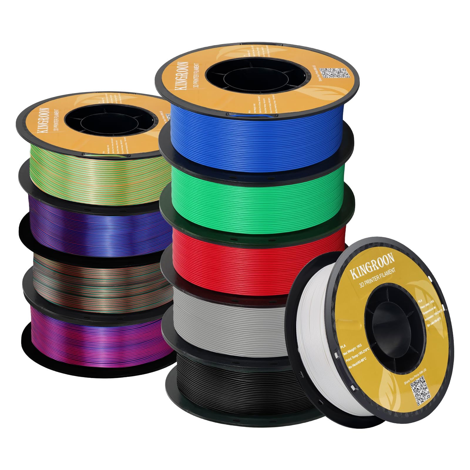 Kingroon PLA 3 Dプリンタフィラメント、単色および3色Plasフィラメント、10巻、寸法精度+/-0.02 mm、10 kgリール（22ポンド）1.75 mmフィラメント