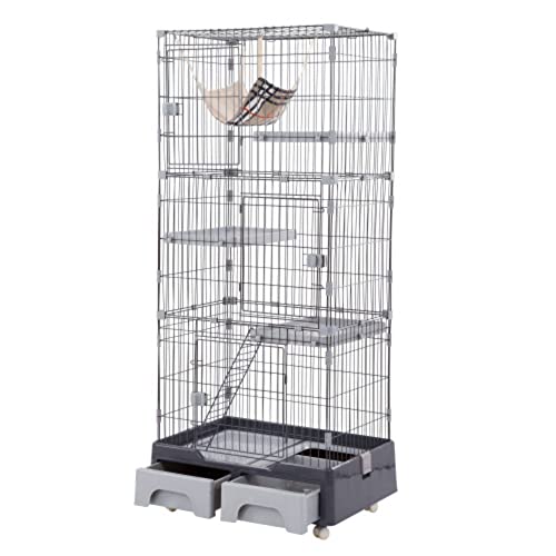 オーエスジェイ(OSJ) 猫ケージ キャットケージ 3段 トイレ付キ ハンモック付キ 収納型 おしゃれ キャットハウス ネコハウス 留守番 梯子付き 保護 脱走防止 組み立て簡単 多頭飼い 多頭 ペットケージ