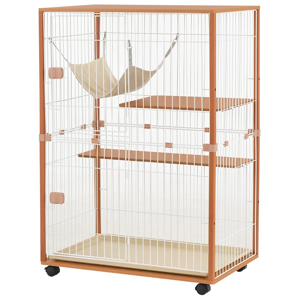 OSJ 猫 ケージ キャットケージ 2段 木製フレーム 猫ゲージ 多頭飼い キャットハウス ハンモック付き 引出し式トレー付 天板 頑丈設計 大型 留守番 保護 脱走防止 おしゃれ｜SelectSHOP 岐阜 店