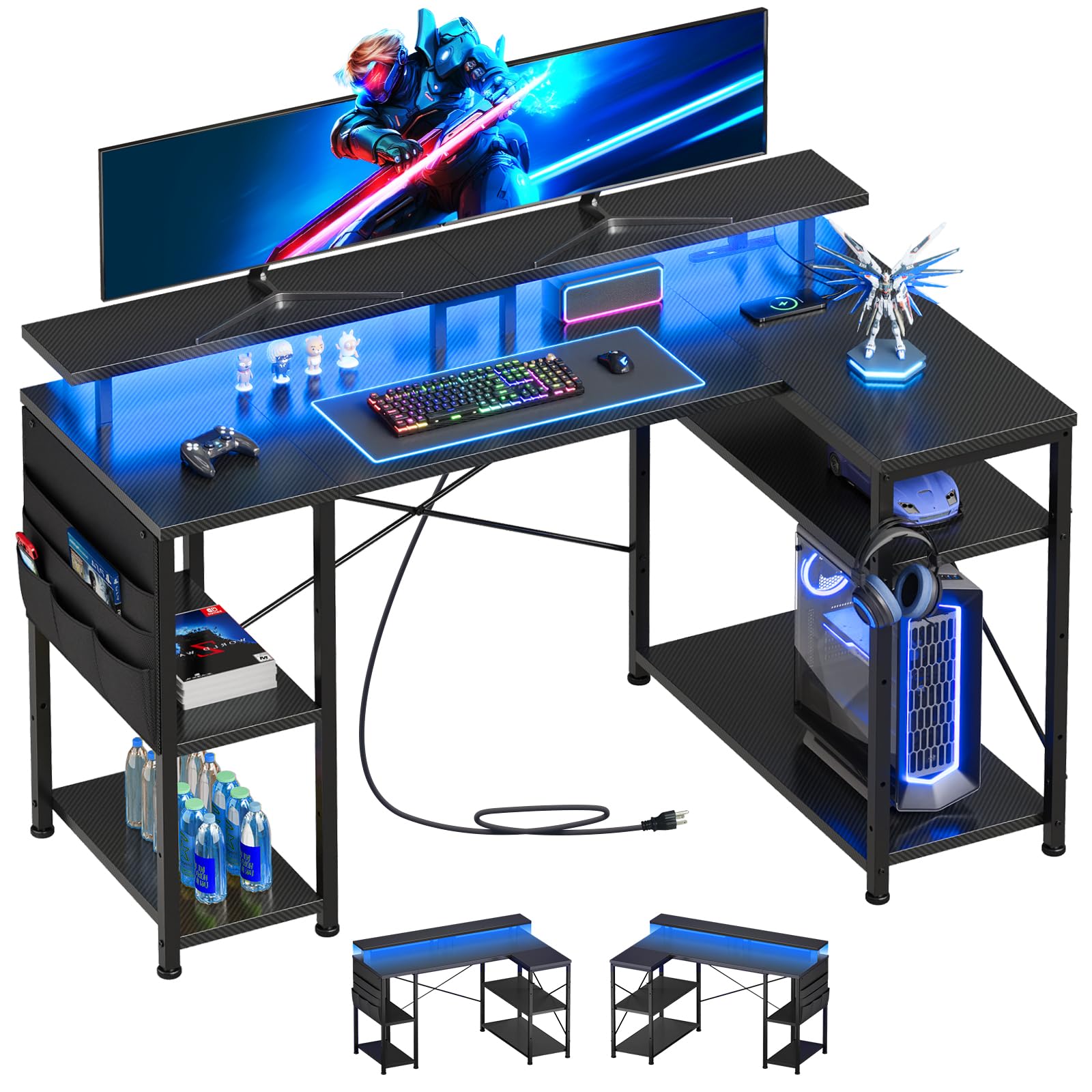 YeTom ゲーミングデスク幅130cm l字デスク LEDライト付き pcデスクコーナーデスク 棚板高さ調節可能 収納袋付き L字型 PC 勉強机 作業 在宅勤務 ゲーム 書斎黒い