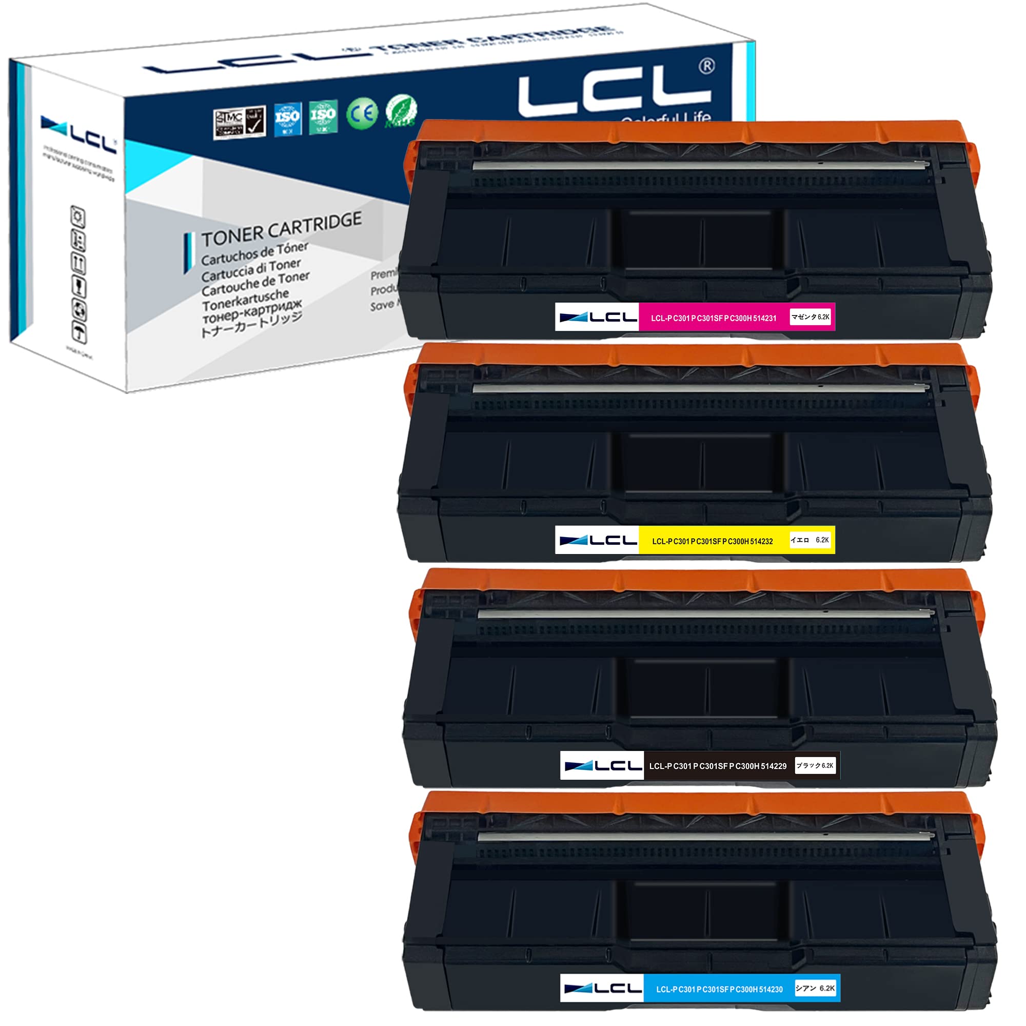LCL RICOH用 リコー用 P C301 P C301SF P C300H PC300H 514229 514230 514231 514232 大容量 再生トナーカートリッジ (4色セット ブラック シアン マゼンタ イエロー)対応機種：P C301