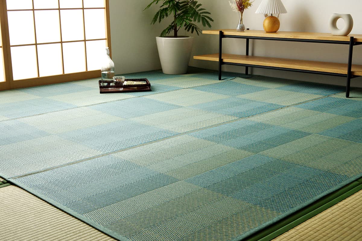 イケヒコ・コーポレーション い草 ラグ カーペット ルネ レイクブルー 約255&times;340cm 団地間6畳 花ござ 格子柄 ナチュラル シンプル 和室 上敷き カバー #4350026｜SelectSHOP 岐阜 店