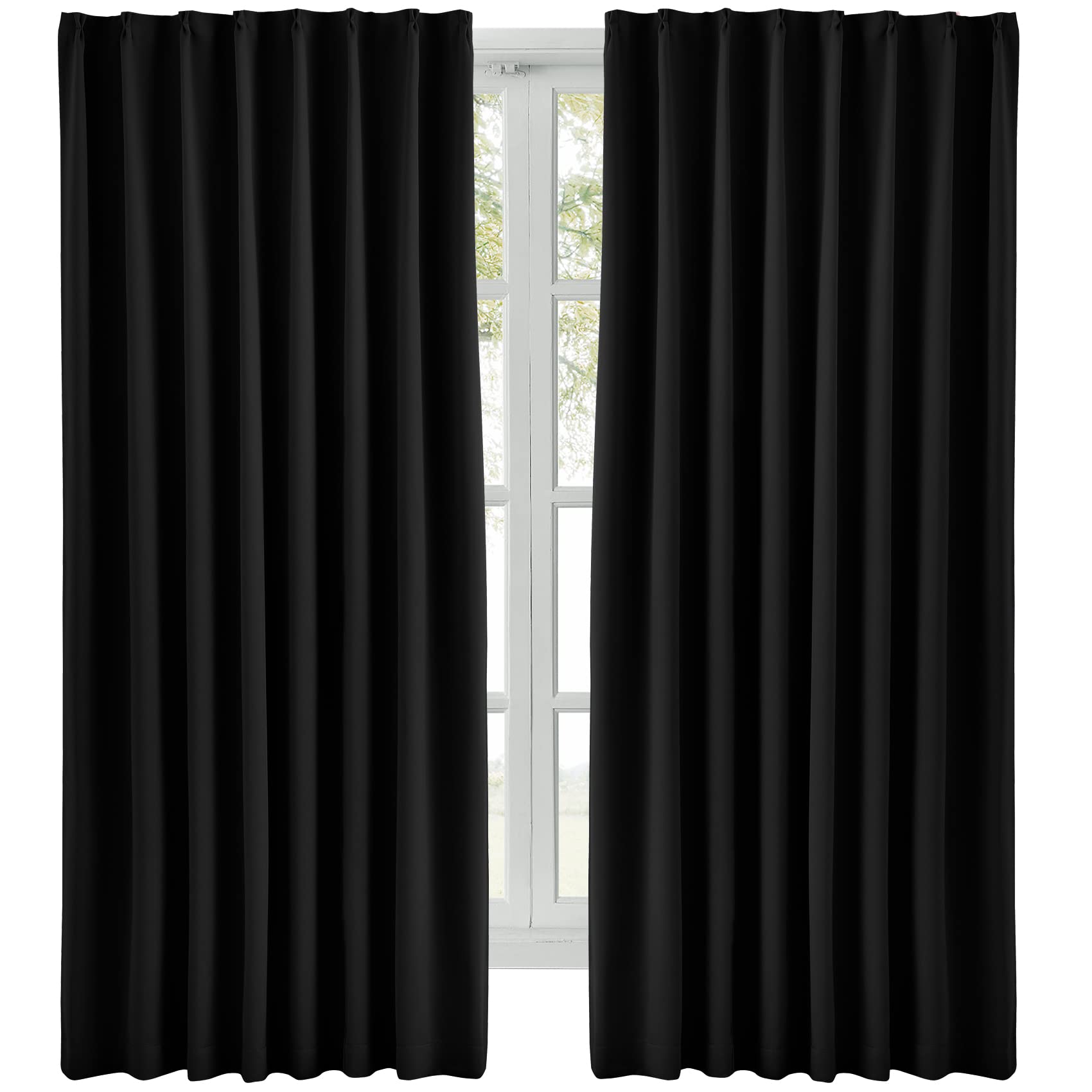 Hansleep カーテン 1級遮光 幅150cm×丈210cm 2枚組 ブラック 断熱 防寒 防音 省エネ 厚手 無地 おしゃれ 洗える 寝室 リビング用 (ブラック, 幅150cm×丈210cm)