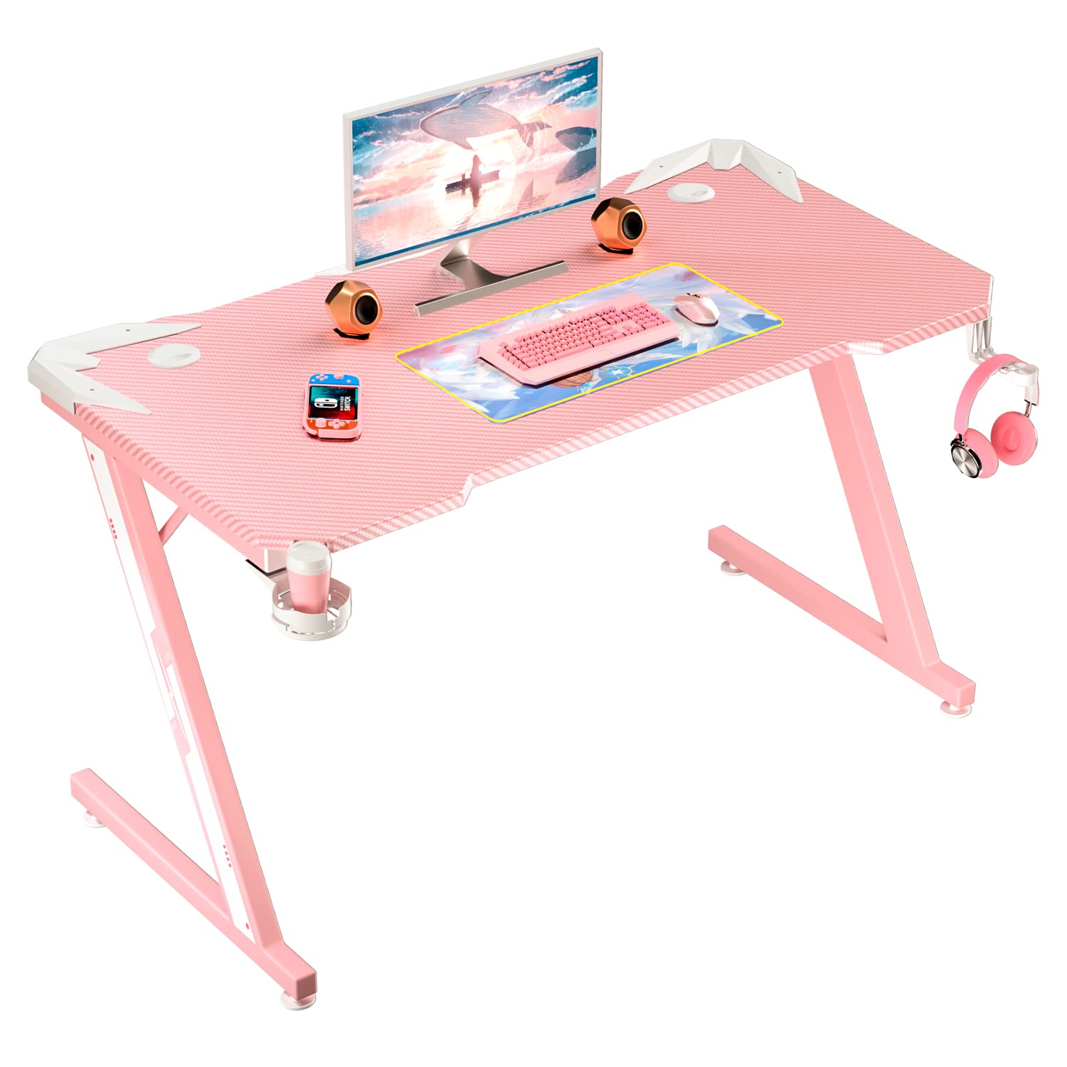 Victone ゲーミングデスク「メーカー2年保証」幅112cm*奥行60cm*高さ74.4cm パソコンデスク Z字脚 PCデスク ゲームデスク オフィスデスク 作業机 炭素繊維天板 カップホルダーとヘッドフォンフック付き VT-ZPK(ピンク)