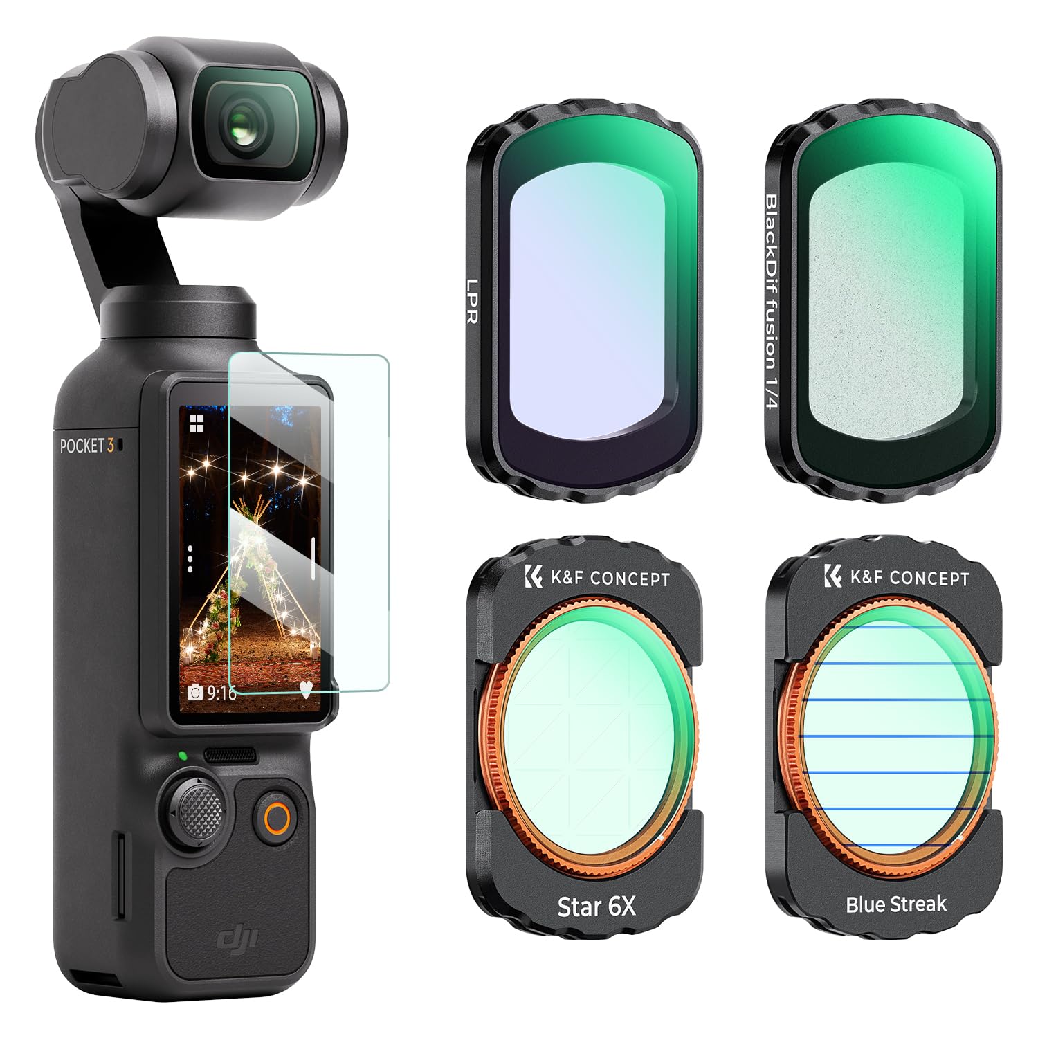 K&F Concept DJI OSMO Pocket 3用 レンズフィルターセット (1/4ブラックミスト+ブルーストリーク+光害カット+クロスフィルター) 効果フィルター 磁気着脱式 装着便利 AGC光学ガラス 28層ナノコーティング 防水防汚