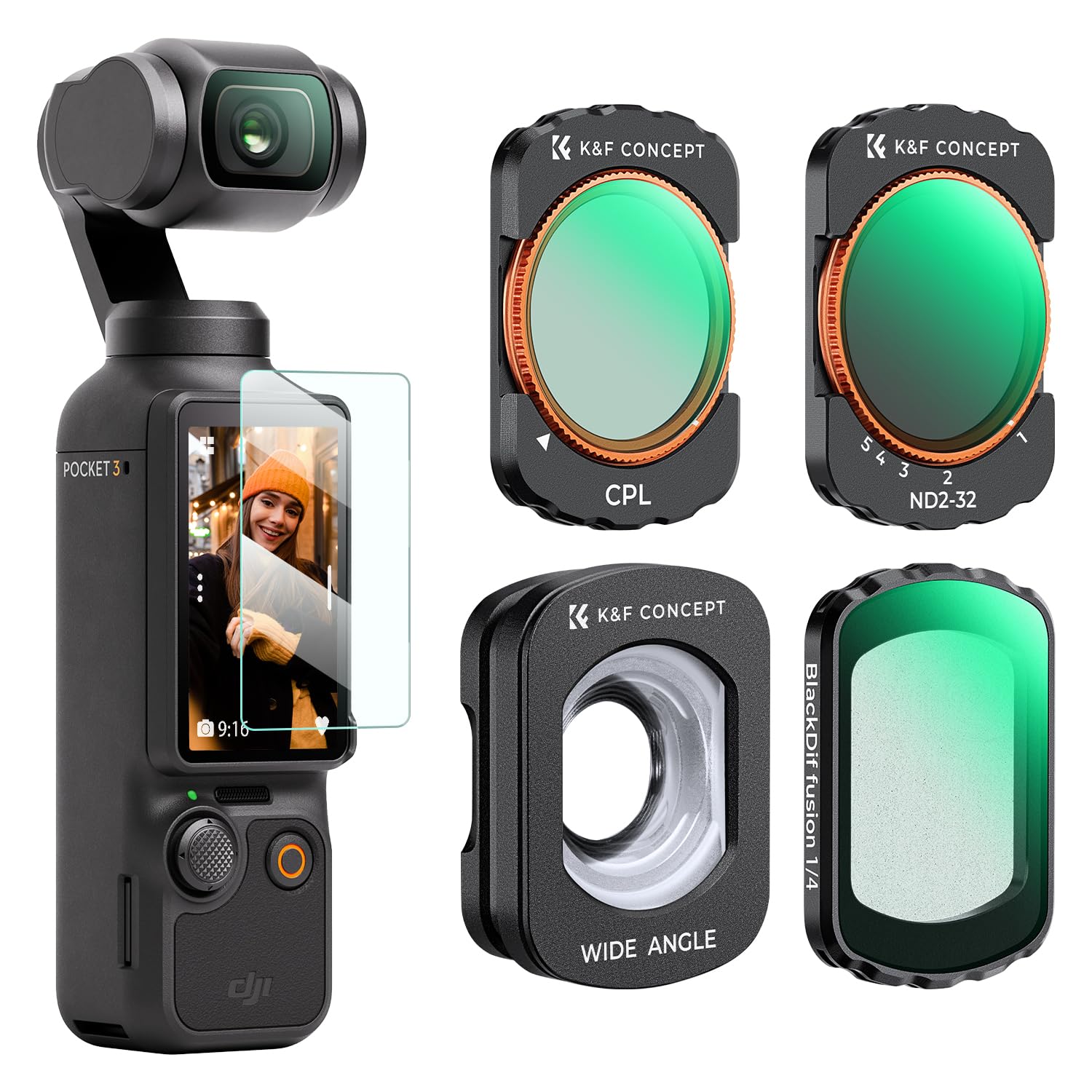 K&F Concept DJI OSMO Pocket 3用 レンズフィルターセット (CPL+1/4ブラックミスト+ND2-32+広角レンズ) cplフィルター ブラックミストフィルター 可変ND 磁気着脱式 装着便利 AGC光学ガラス 28層ナノコーテ
