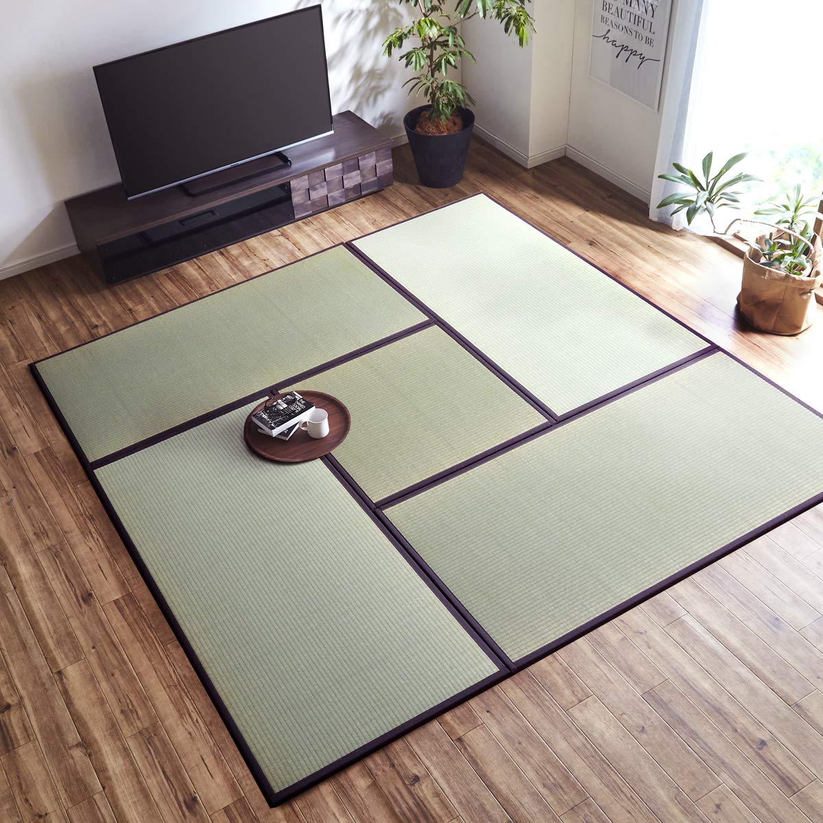 イケヒコ い草 ユニット システム畳 置き畳 5枚繋いで 約4畳半 AGURA ヘリの色：ブラウン 約82×164・/枚 4枚入り 約82×82・/枚 1枚入り 軽量 抗菌防臭効果 クッション性 和空間 日本製 無地 シンプル 年間 通年 ＃1110231